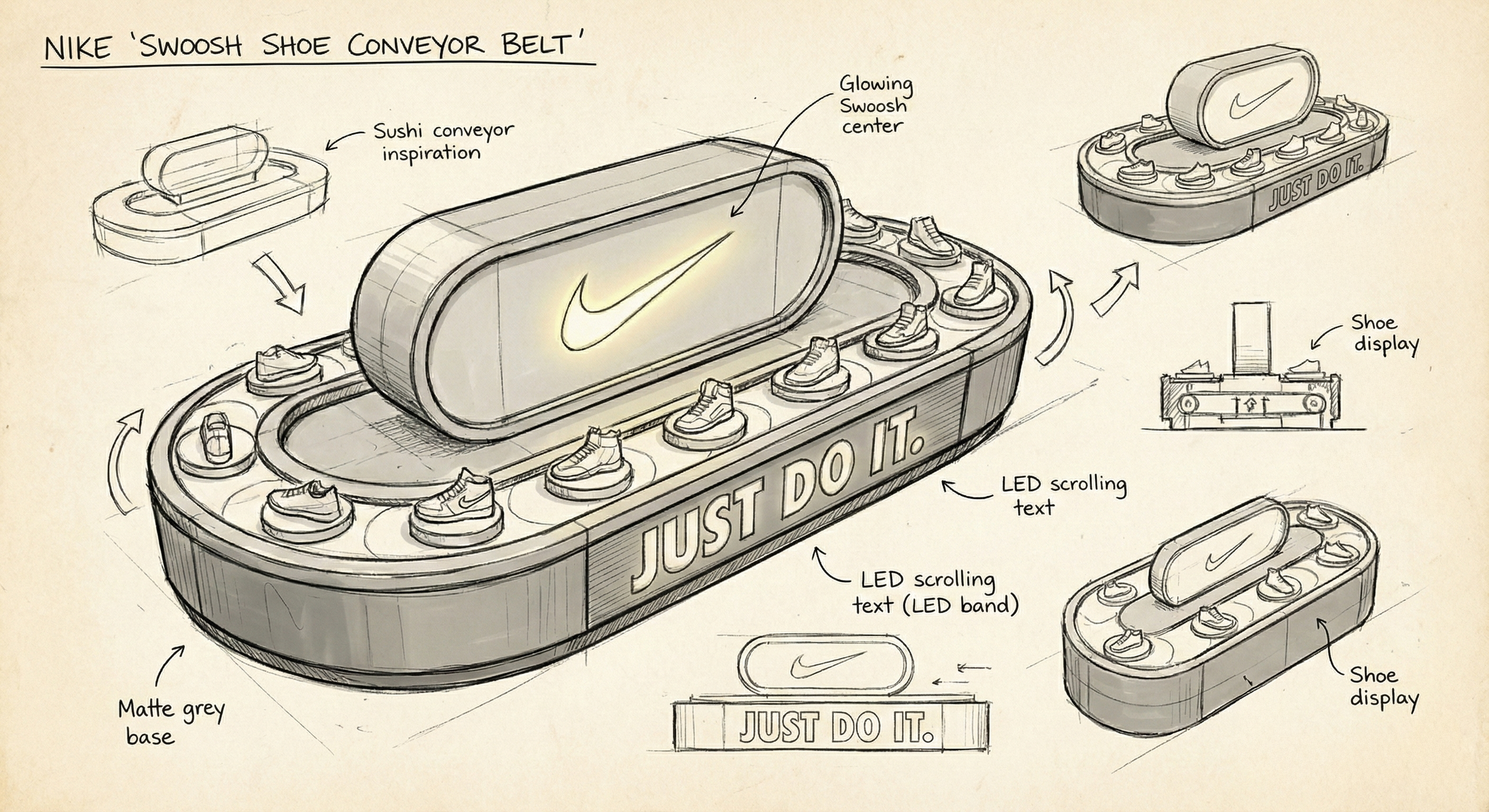 1. Initial Concept: The project begins with a basic looped conveyor inspired by sushi belts. Shoes rotate on individual plates, and a central Swoosh block defines the brand focus.
