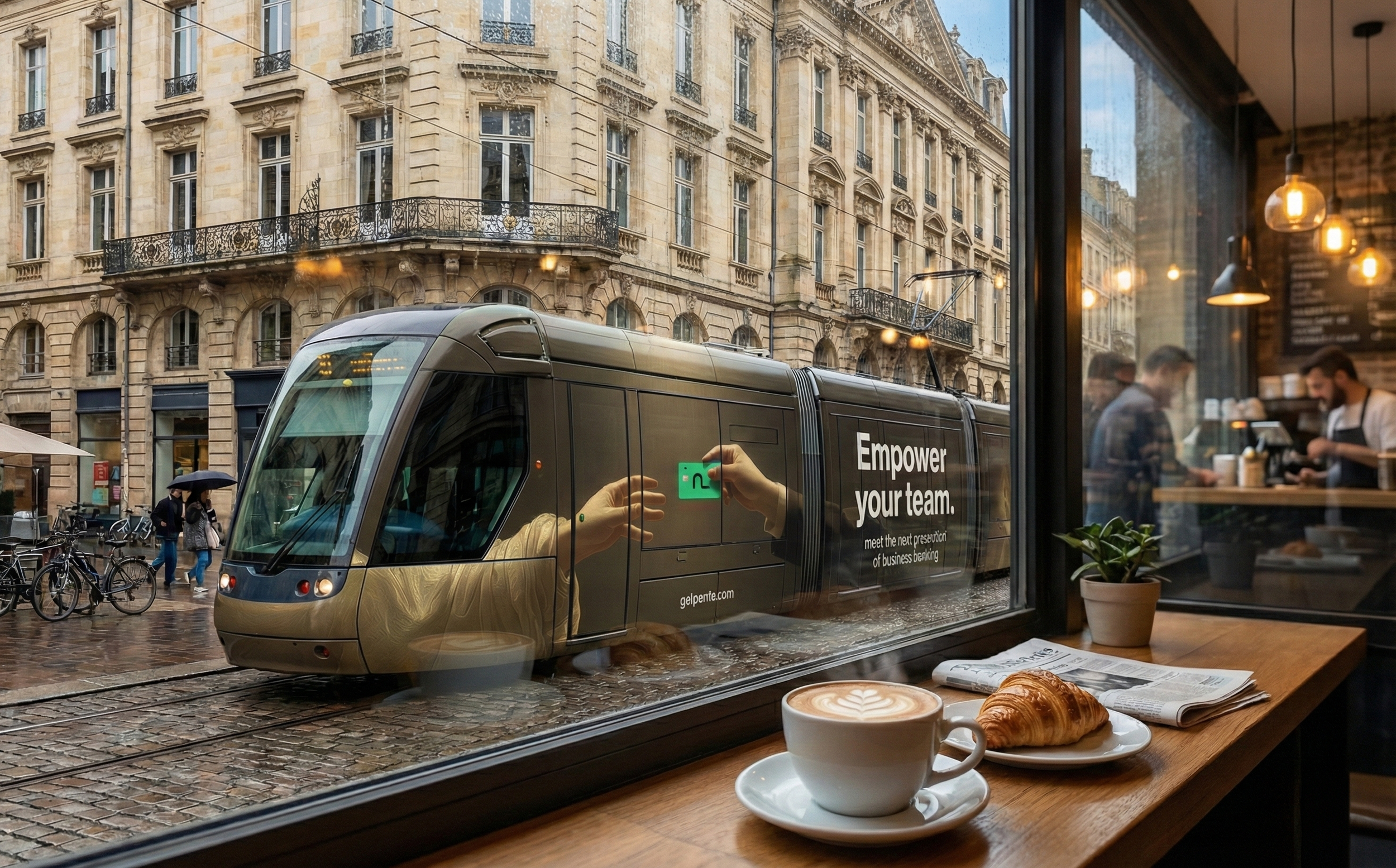 Train with an advertisement for empowering teams outside a cafe window, with coffee and a croissant on the table inside.