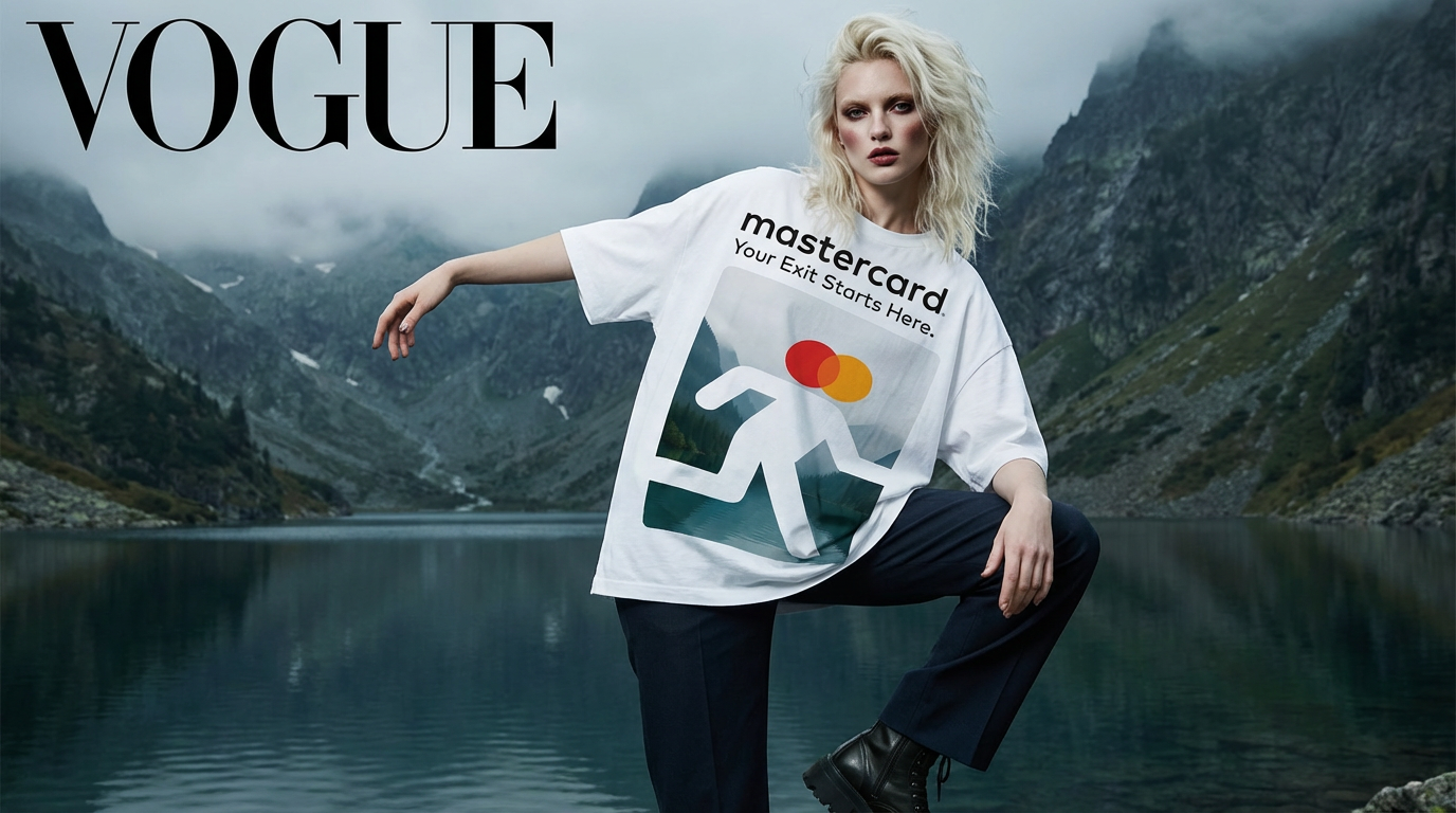 Firefly_Gemini Flash_Create a Vogue fashion photo of a white blonde model wearing a tee with the images at 805999.png