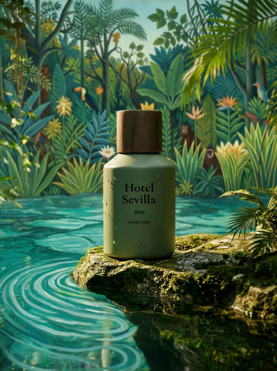 A green bottle labeled 'Hotel Sevilla 50ml Design Hotels' displayed on a moss-covered rock in a lush jungle scene with water, tropical plants, birds, a monkey, and a toucan in the background.