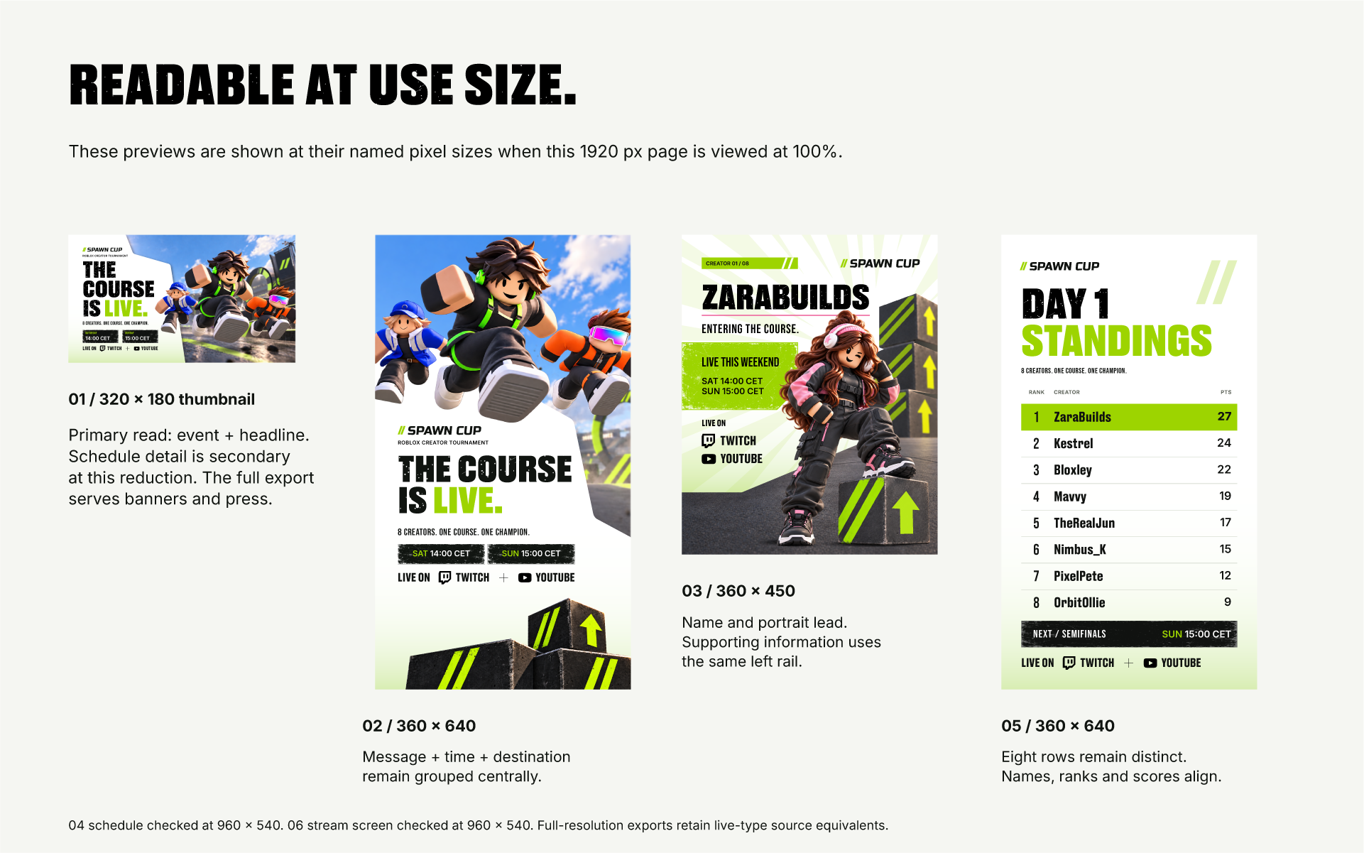 SPAWN CUP small-screen readability study comparing the key art, creator announcement, and standings at reduced sizes.