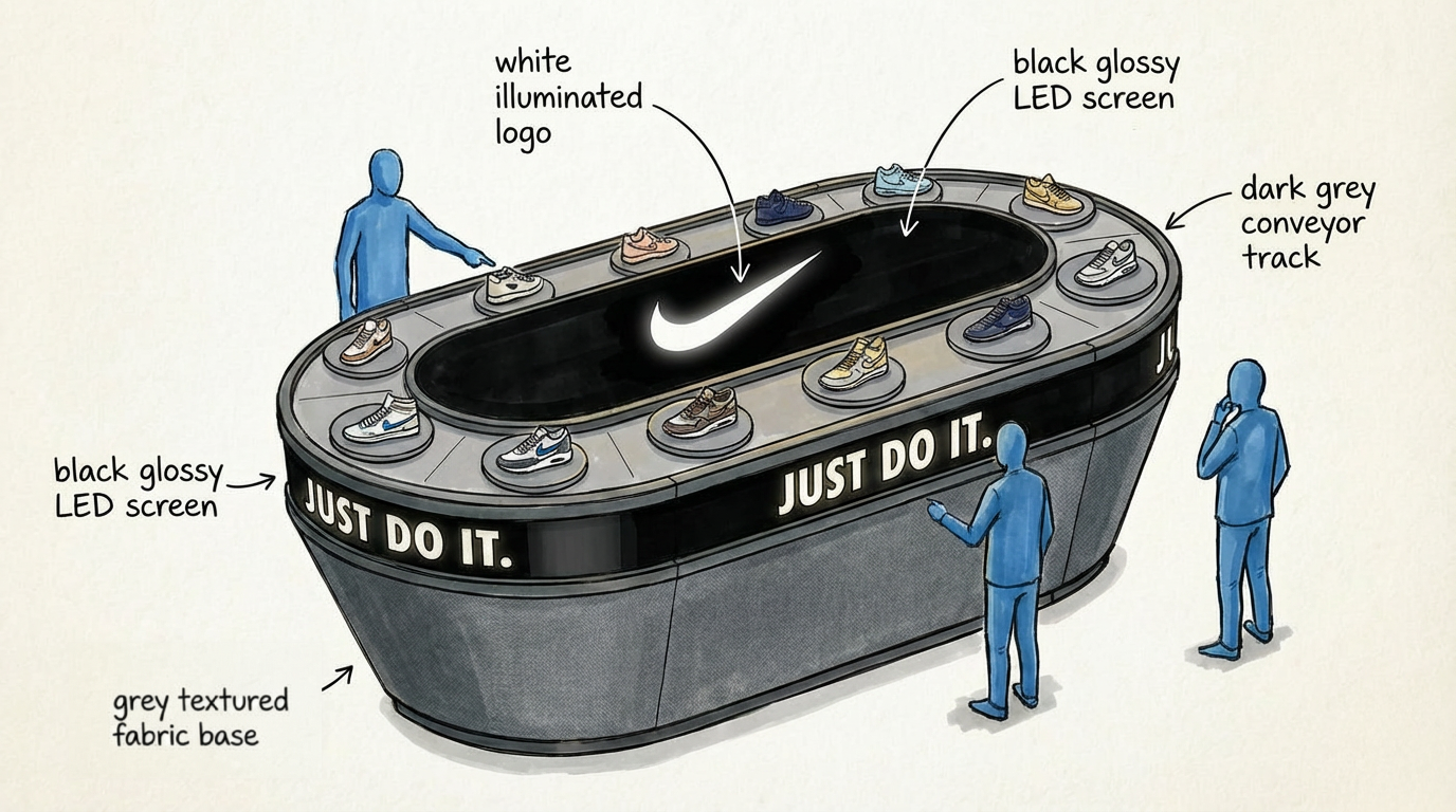 Illustration of a sneaker display with a Nike logo on an illuminated white sign, a black glossy LED screen with the words "Just Do It" on the side, grey textured fabric on the base, and sneakers arranged around a dark grey conveyor track; three blue 