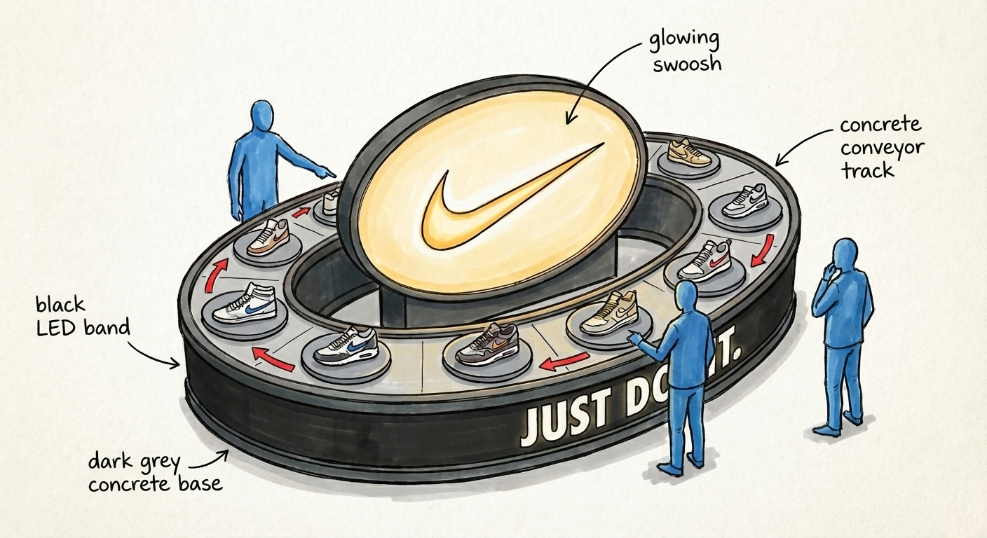 3. Industrial Direction: Concrete surfaces and darker tones push the design toward a NikeLab/ACG aesthetic, emphasizing tech and modernity.