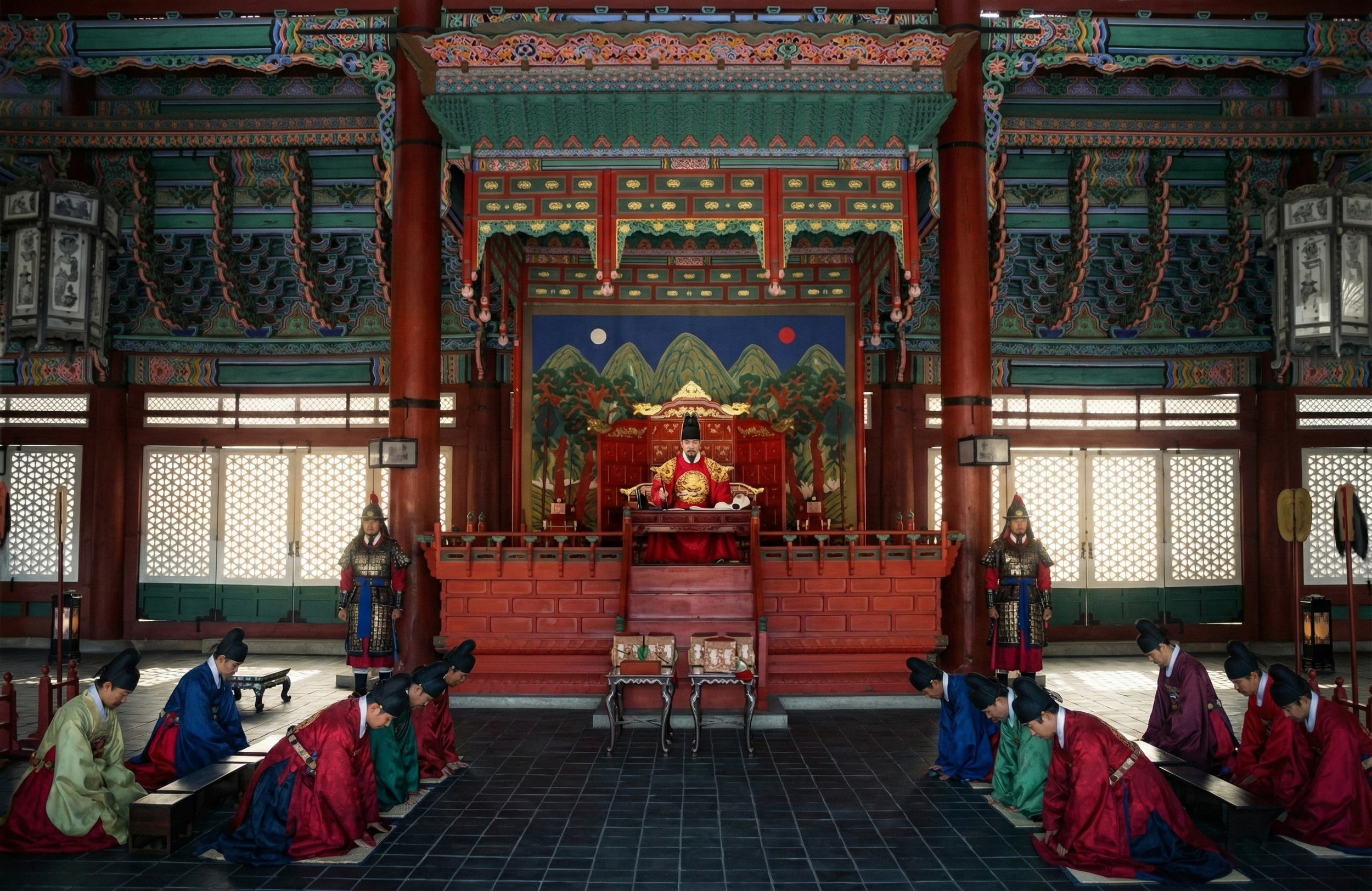 Ilwolobongdo (Sun and Moon, and Five Peaks), being in place behind the King's throne.

