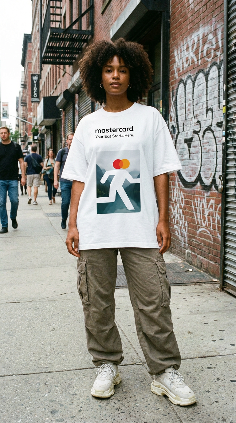 Firefly_Gemini Flash_Create a street fashion photo of a brown model wearing a tee with the image attached  70076.png