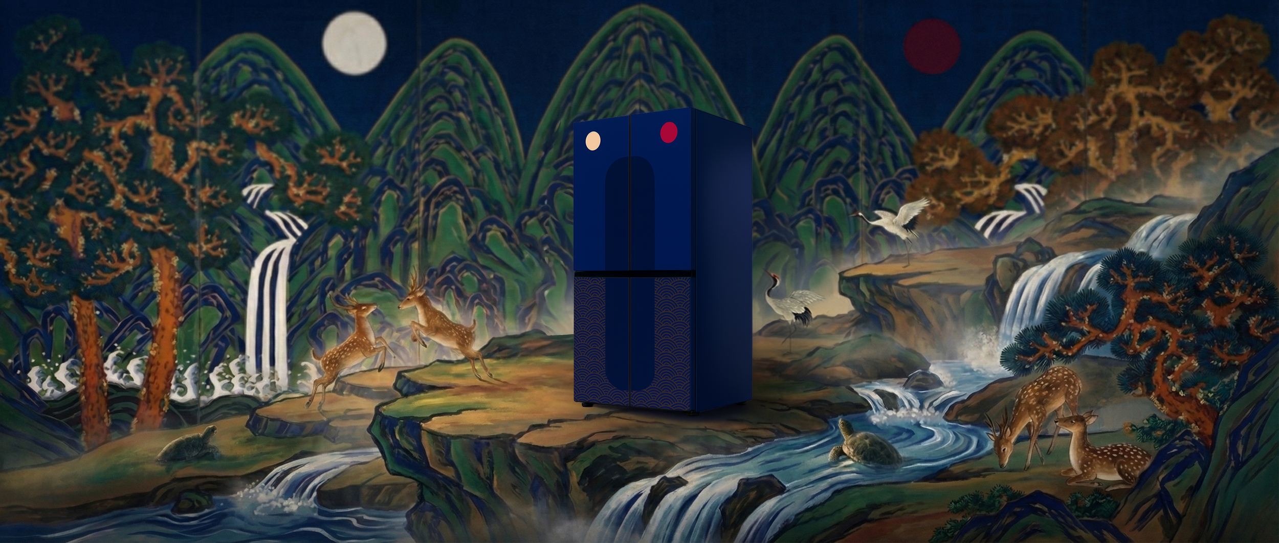 A mural of a mountain landscape with waterfalls, trees, cranes, and deer, featuring a large, dark blue, box-shaped object in the center with red and white accents.