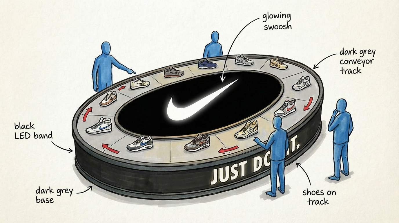 4. Function & Mechanism: The central screen is removed and replaced with a clean glowing Swoosh, simplifying the structure and bringing more focus to the sneakers on the rotating track.