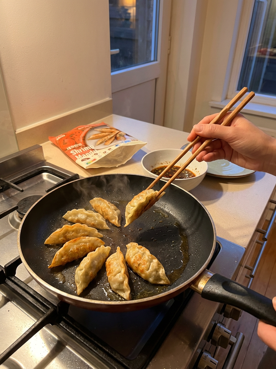 Firefly_Create a POV image of a woman frying six pieces of shrimp mandu in a pan. 191250.png