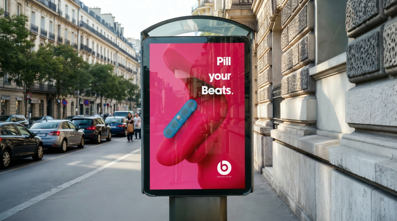 An advertisement on a bus stop poster showing a pink capsule pill in a person's hand with the text "Pill your Beats" and a Beats by Dre logo.