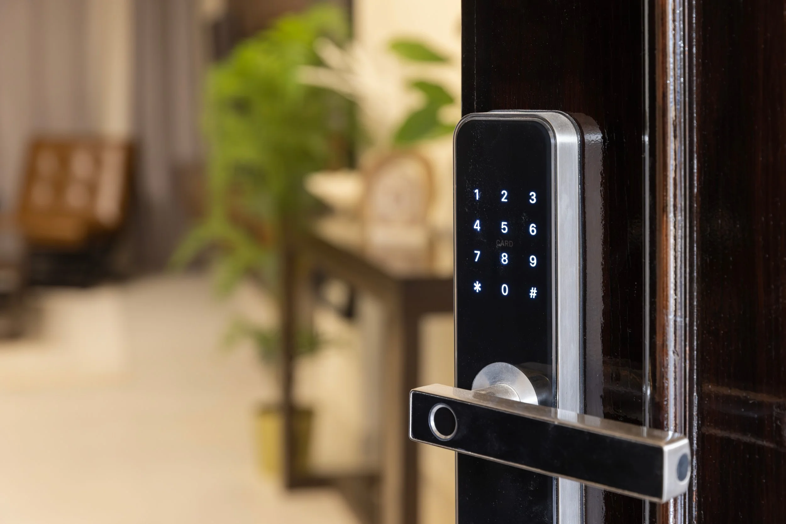Close-up of a digital door lock with keypad on wooden door in a home interior.