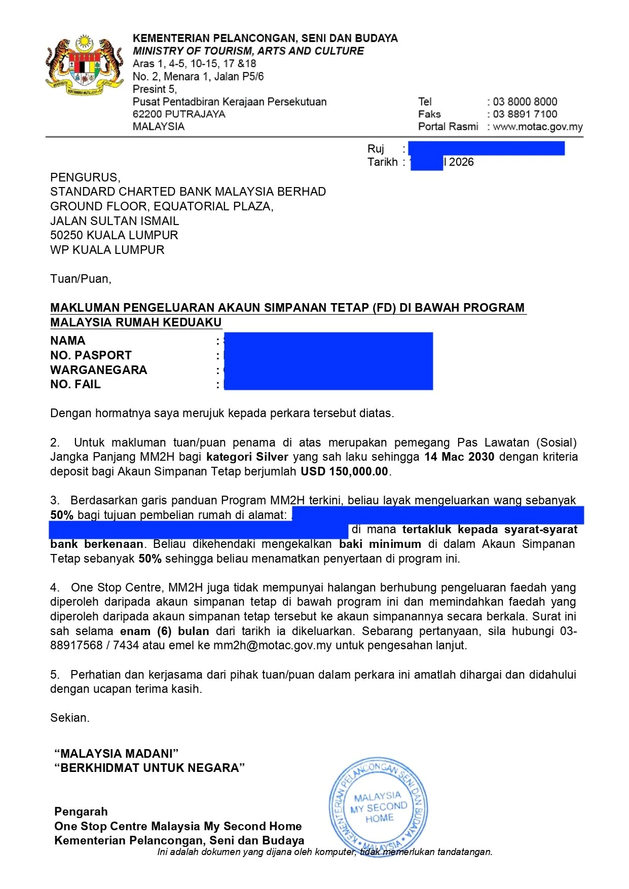 Official letter from Malaysia's Ministry of Tourism, Arts, and Culture regarding a fixed deposit account for a secondary home scheme, with official stamps and contact details.