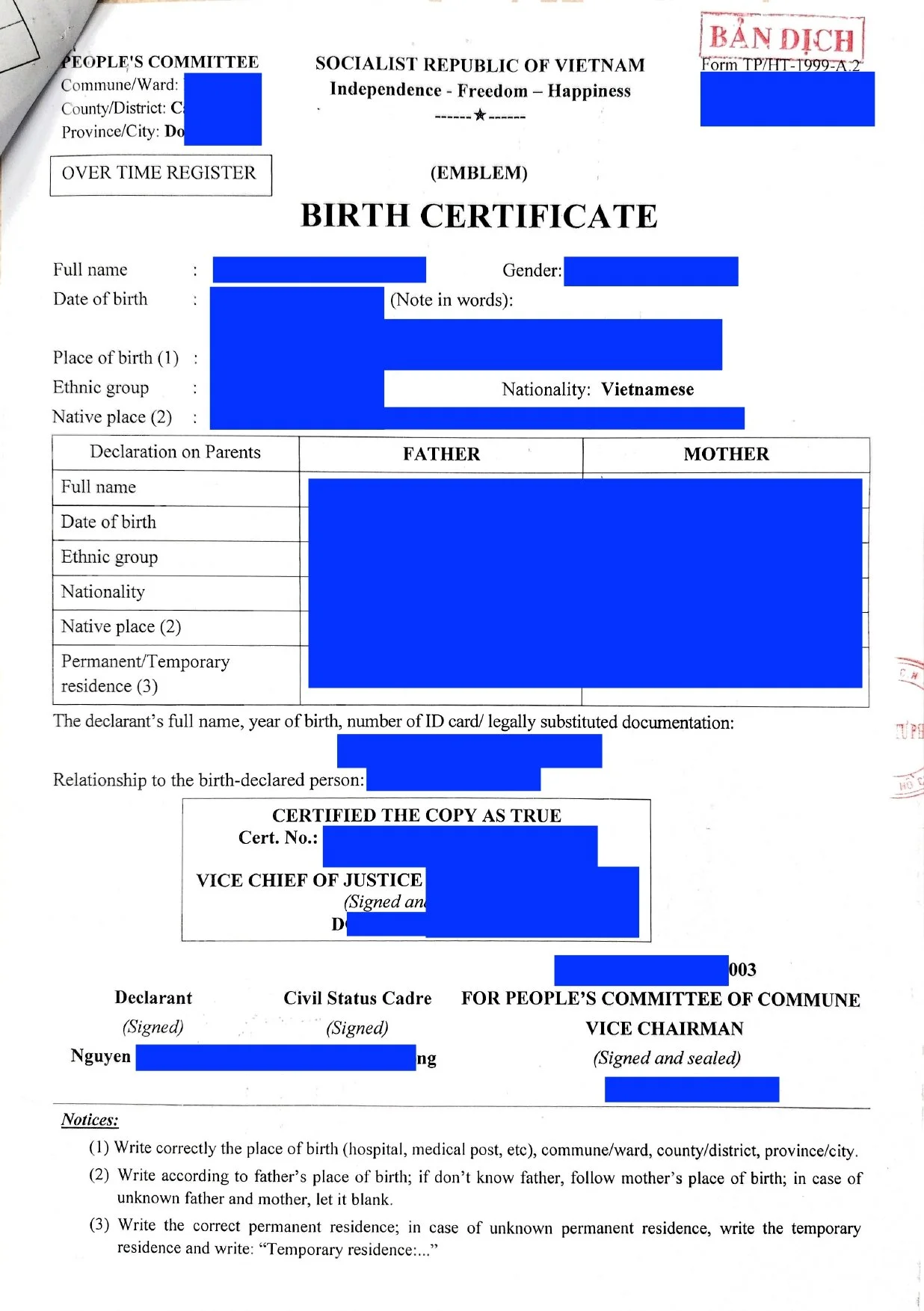 Vietnamese birth certificate with blue redaction boxes, official stamps, and signatures. It contains personal details, parent information, and official certification marks.