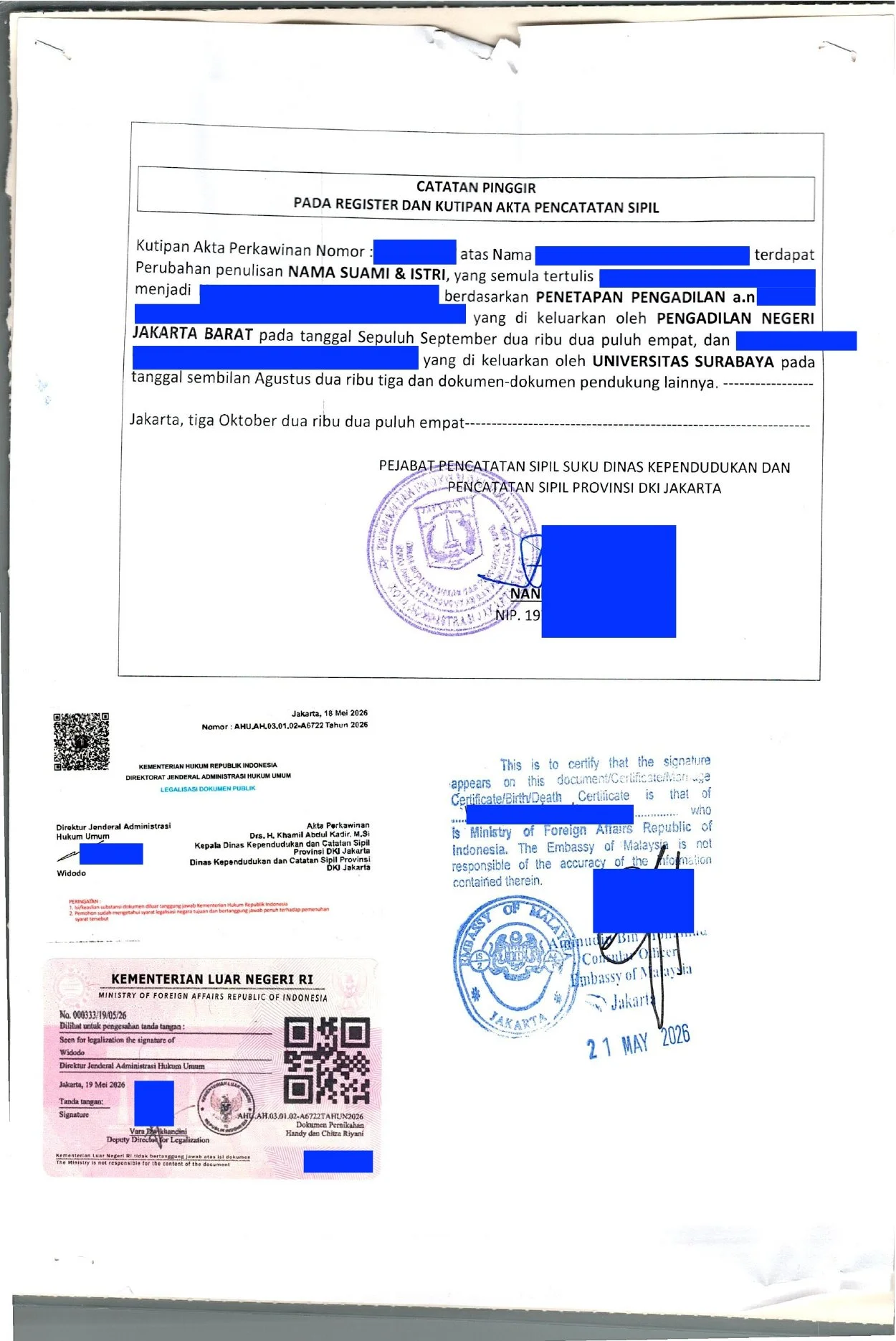 A scanned official document related to marriage registration and civil registration in Indonesia, containing text, signatures, stamps, and barcodes, with some parts redacted.