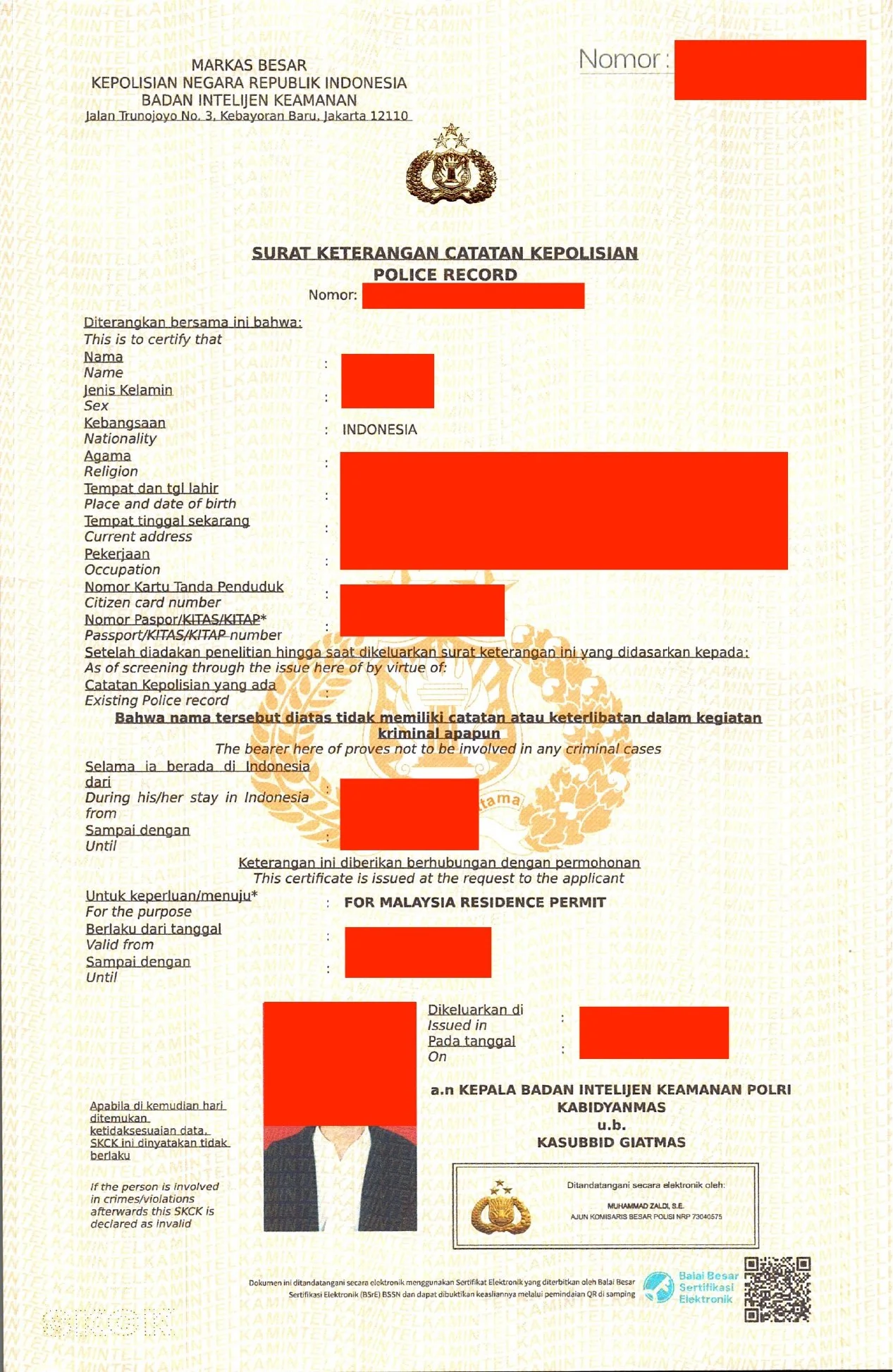 Official police document from Indonesia with personal details redacted, including a photograph of a man in a uniform, and text indicating it is a police record and travel permit issued by the Indonesian police.