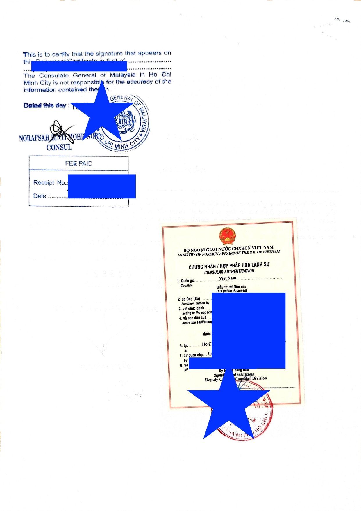 A Vietnamese consular authentication document with official stamps and seals, and a signature. The document includes a Vietnamese national emblem and text in Vietnamese and English.