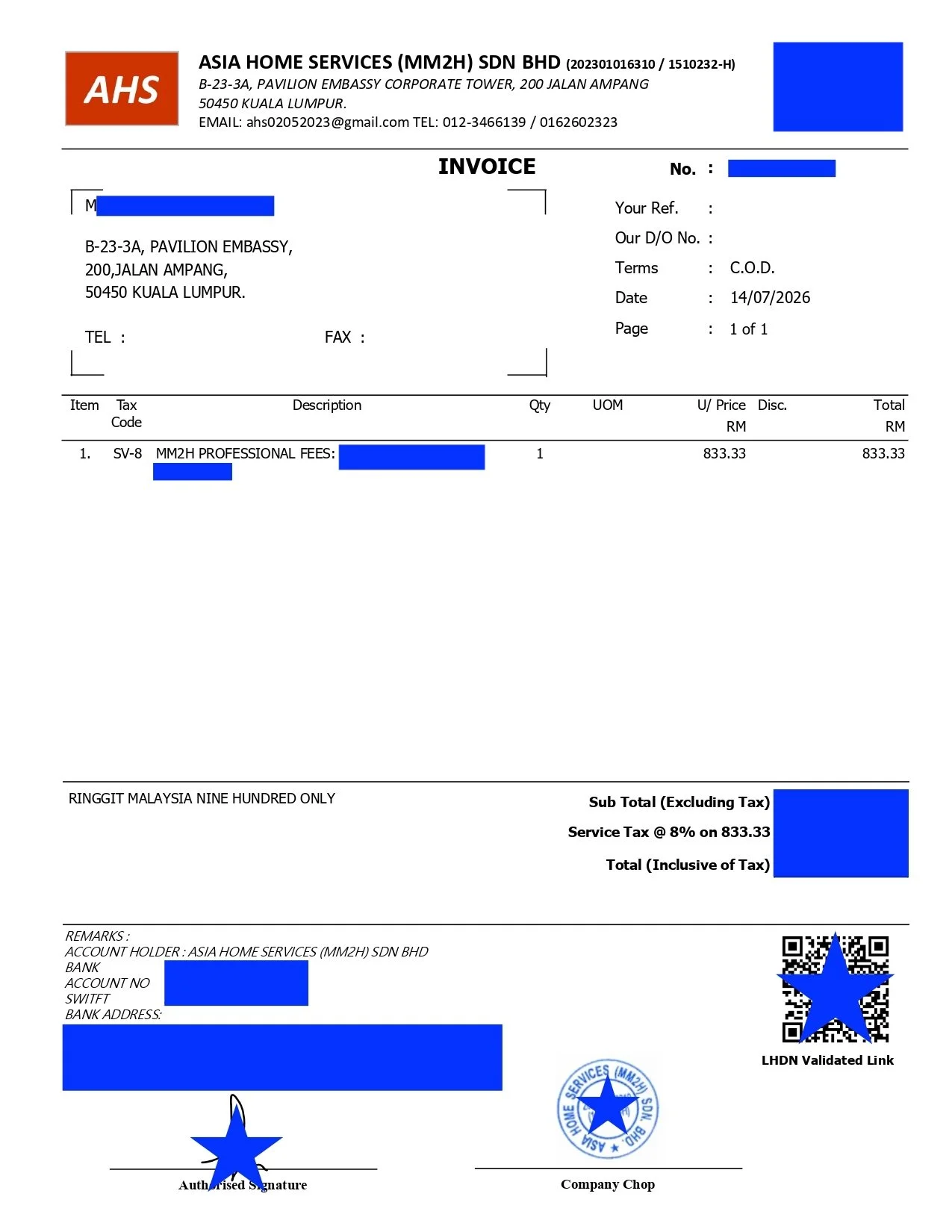 A detailed invoice from Asia Home Services (MM2H) SDN BHD, including company information, invoice details, itemized charges, total amount, bank details, QR code, and validation stamps.