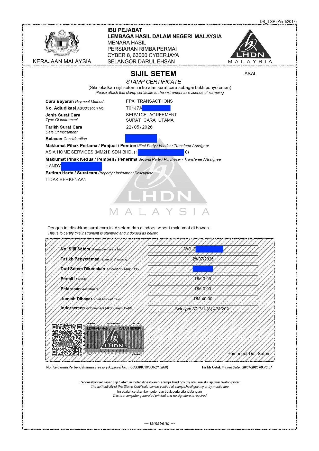 Malaysian stamp certificate for a document with details of transaction, date, and property description, including official logos and QR codes at the bottom.