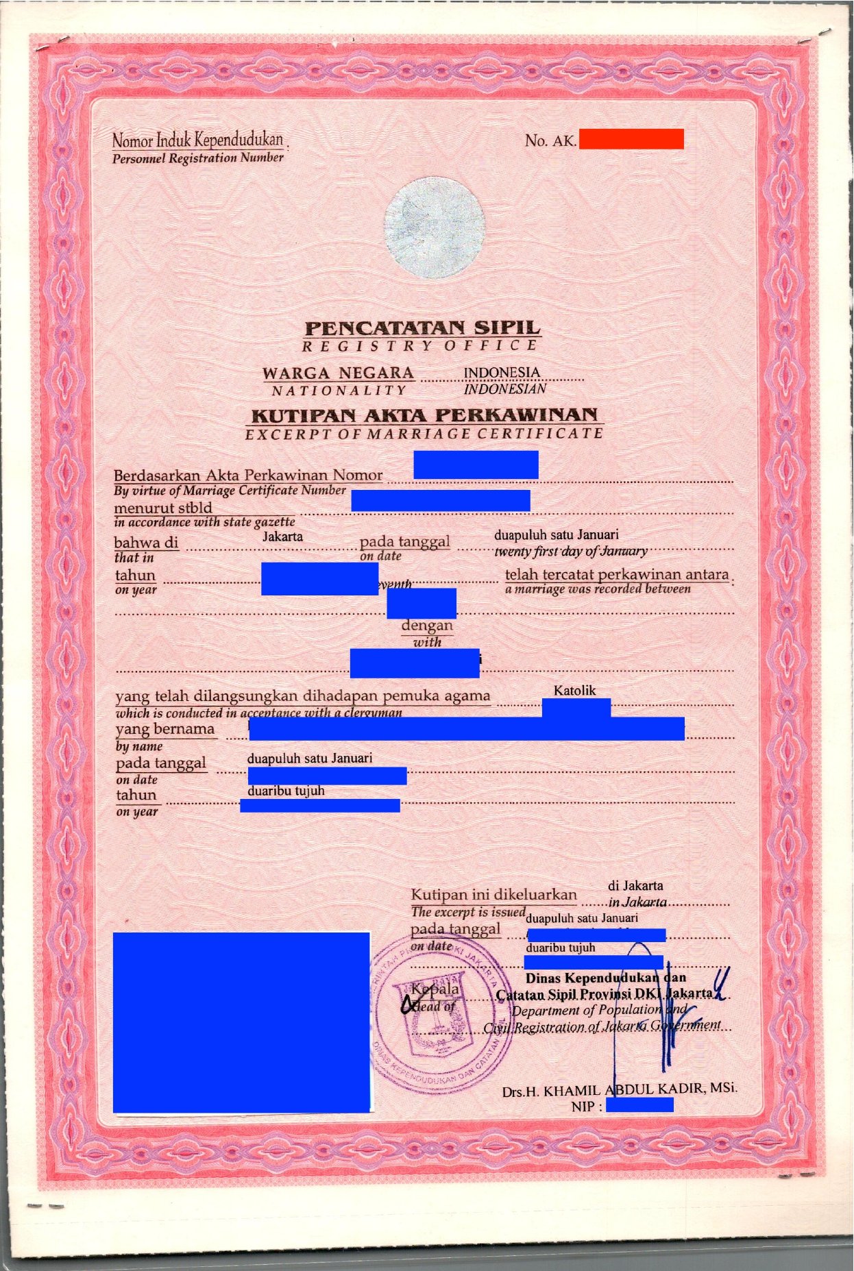 Indonesian marriage certificate with pink background and decorative border, containing personal details and signatures, with redacted information.
