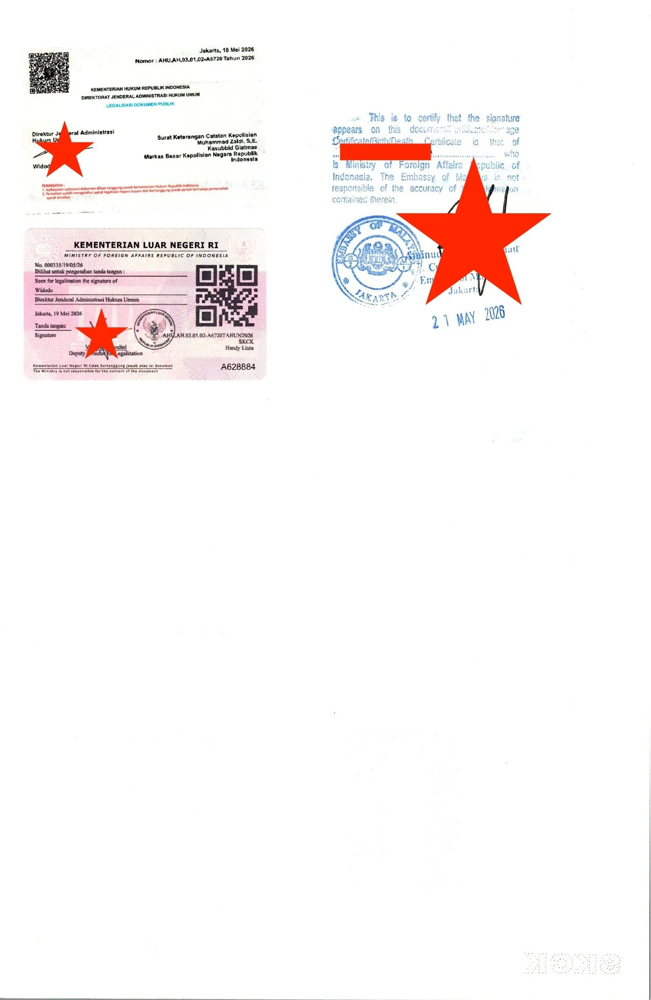Official Indonesian legal document with redacted personal information, including a QR code, stamps, signatures, and official seals.