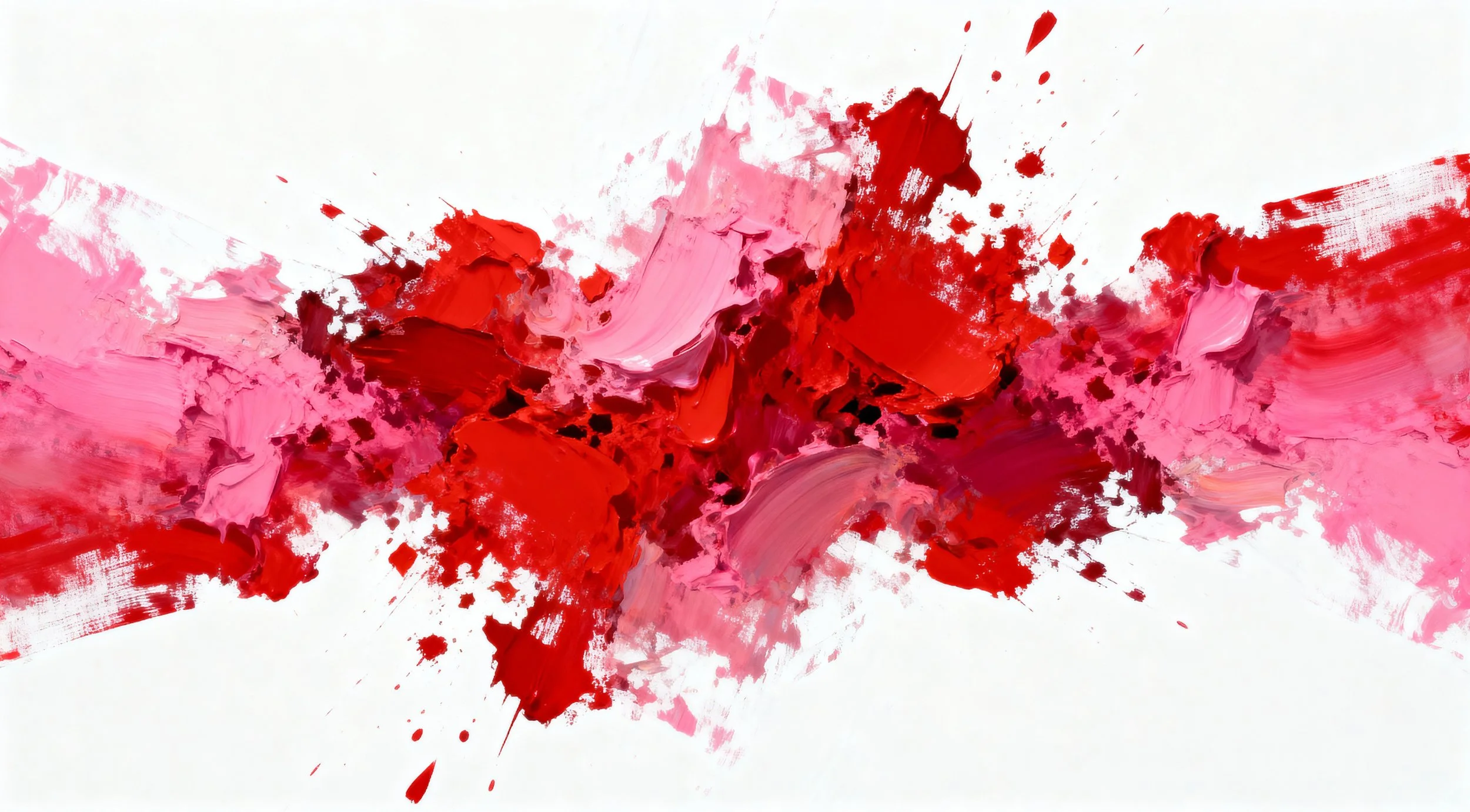 Abstract painting with splashes and strokes of red, pink, and dark purple on a white background.