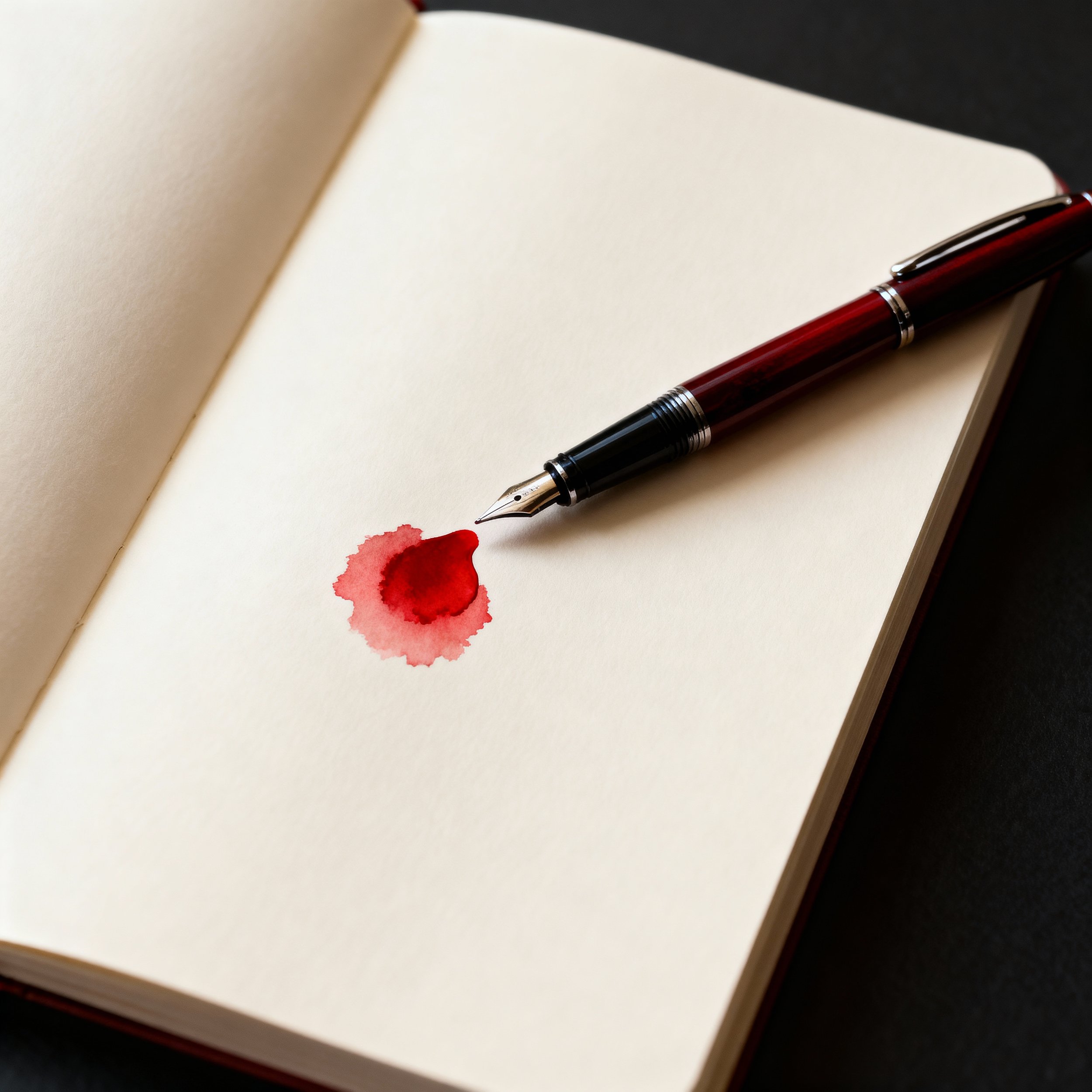 An open blank notebook with a red ink blotted watercolor stain, and a red fountain pen resting on the page.