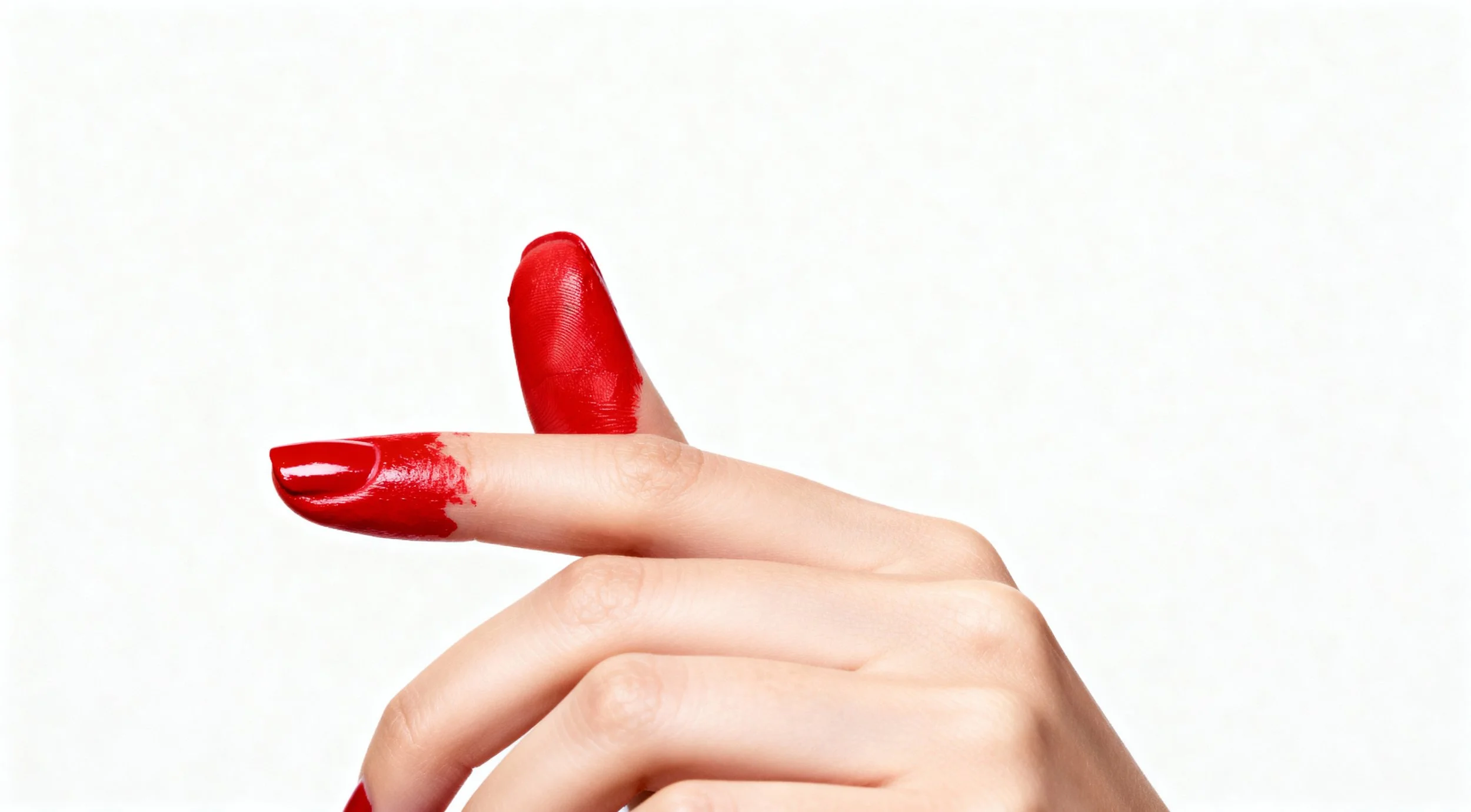 Close-up of a hand with red nail polish and red paint on the index finger and thumb, with a plain white background.