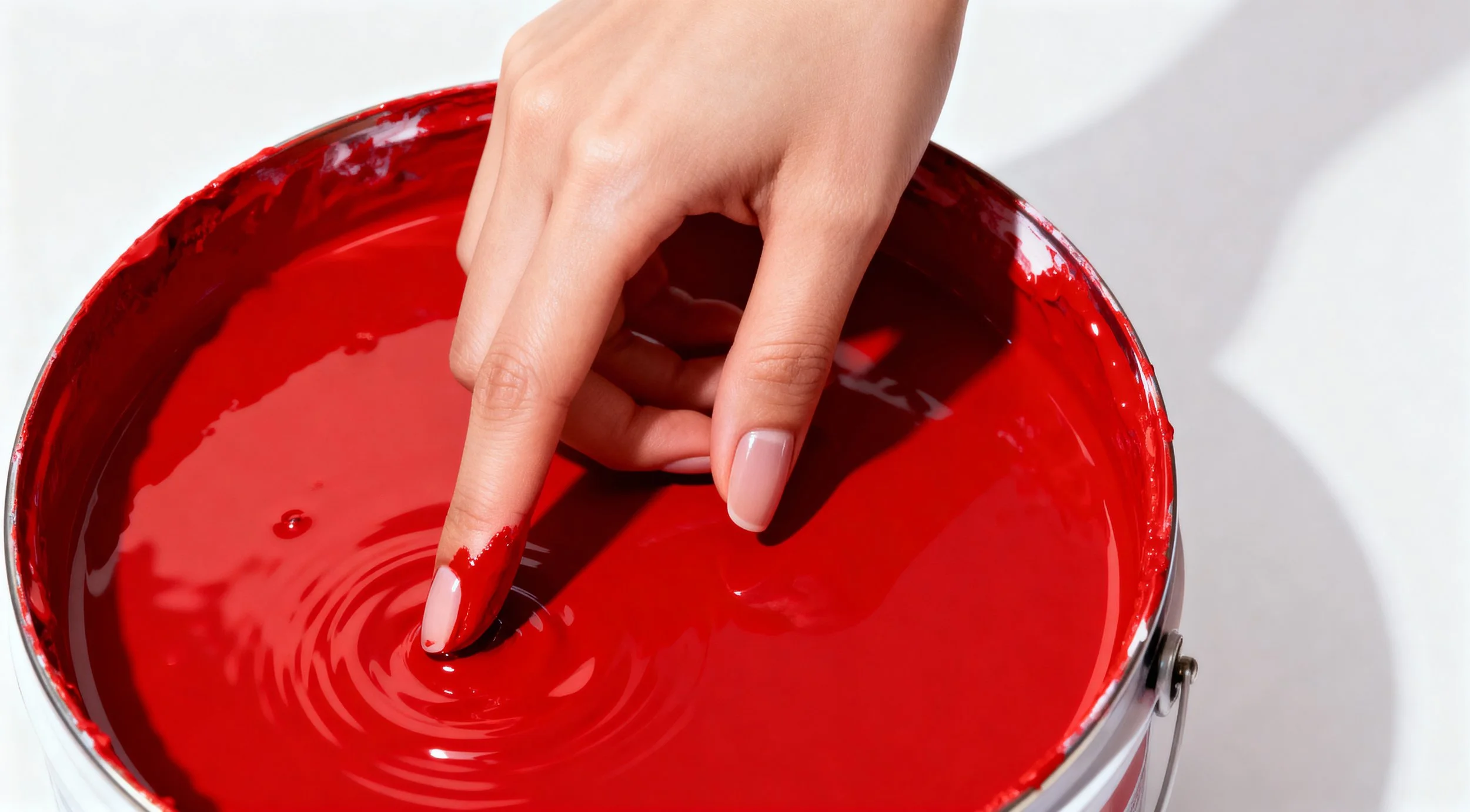 Person's hand dipping finger into red paint inside a metal paint can.