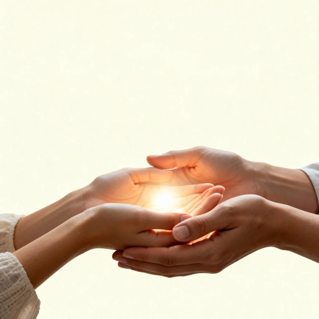 Two pairs of hands, one adult and one child, gently holding a glowing light between them, symbolizing care or sharing
