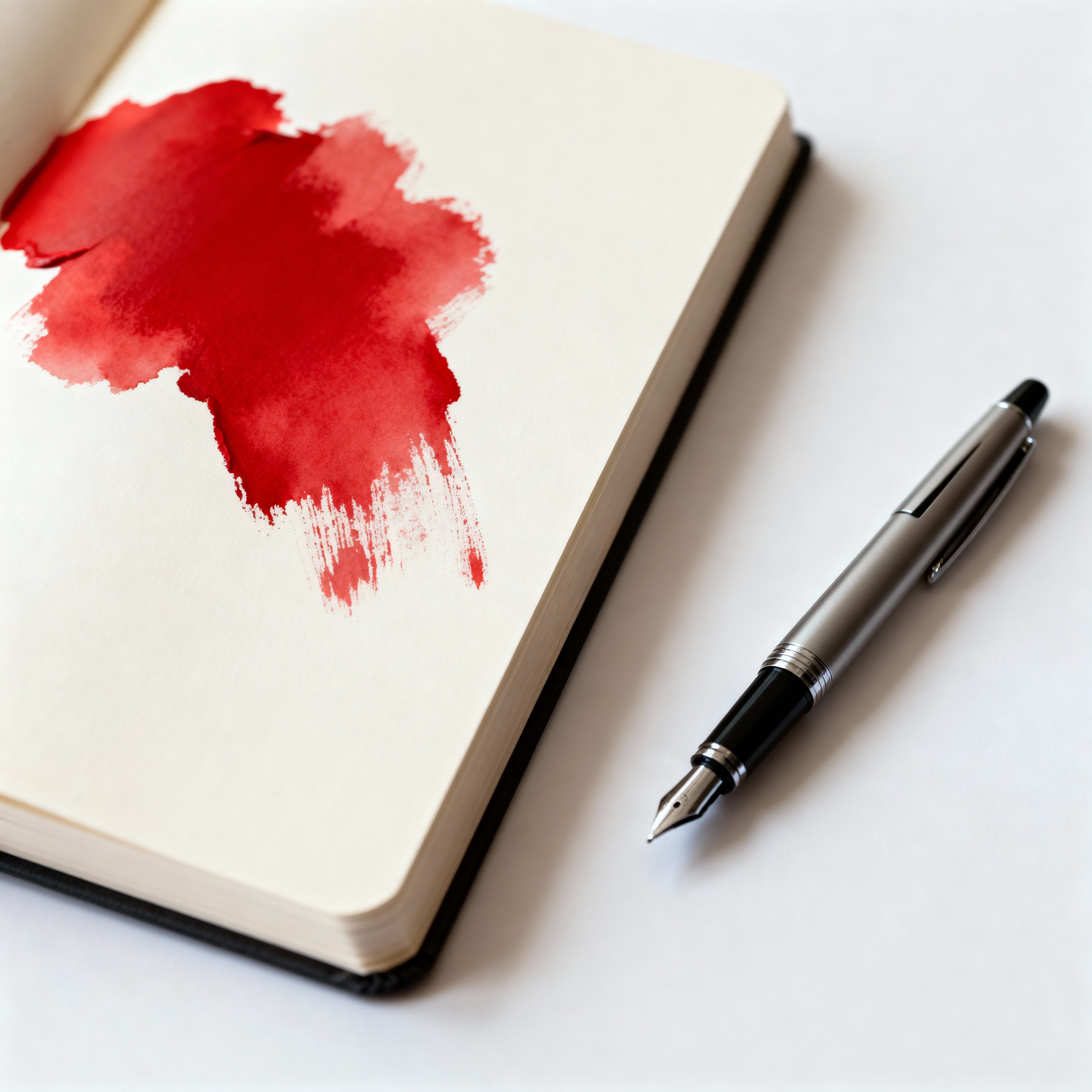 Open notebook with a red watercolor paint splash on the page and a silver pen lying on a white surface.