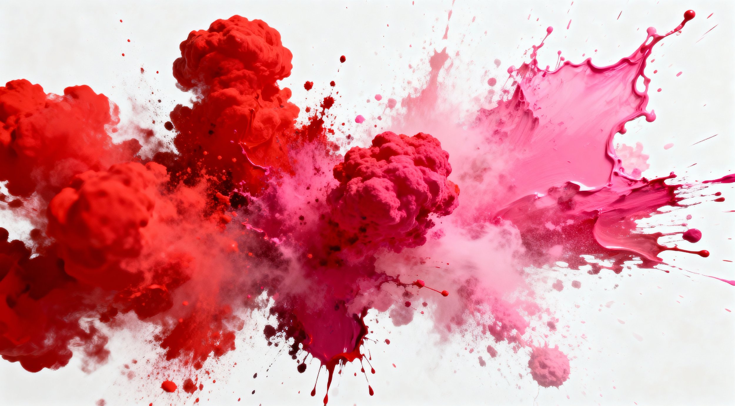 Pink and red powder and liquid splattering against a white background.