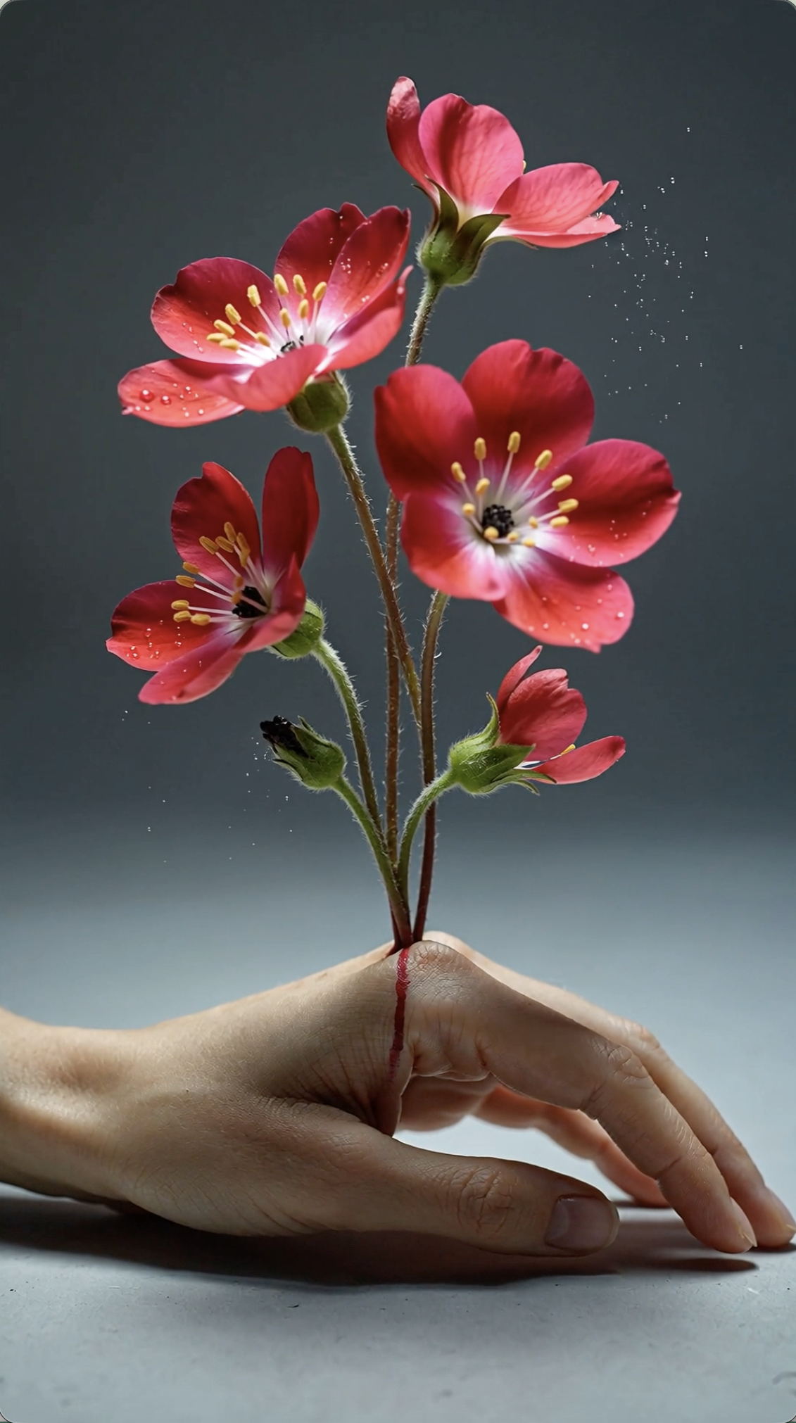 A hand resting on a flat surface with a small cut on the middle finger, from which a stem with pink flowers is growing, creating the illusion of the flowers sprouting from the finger.