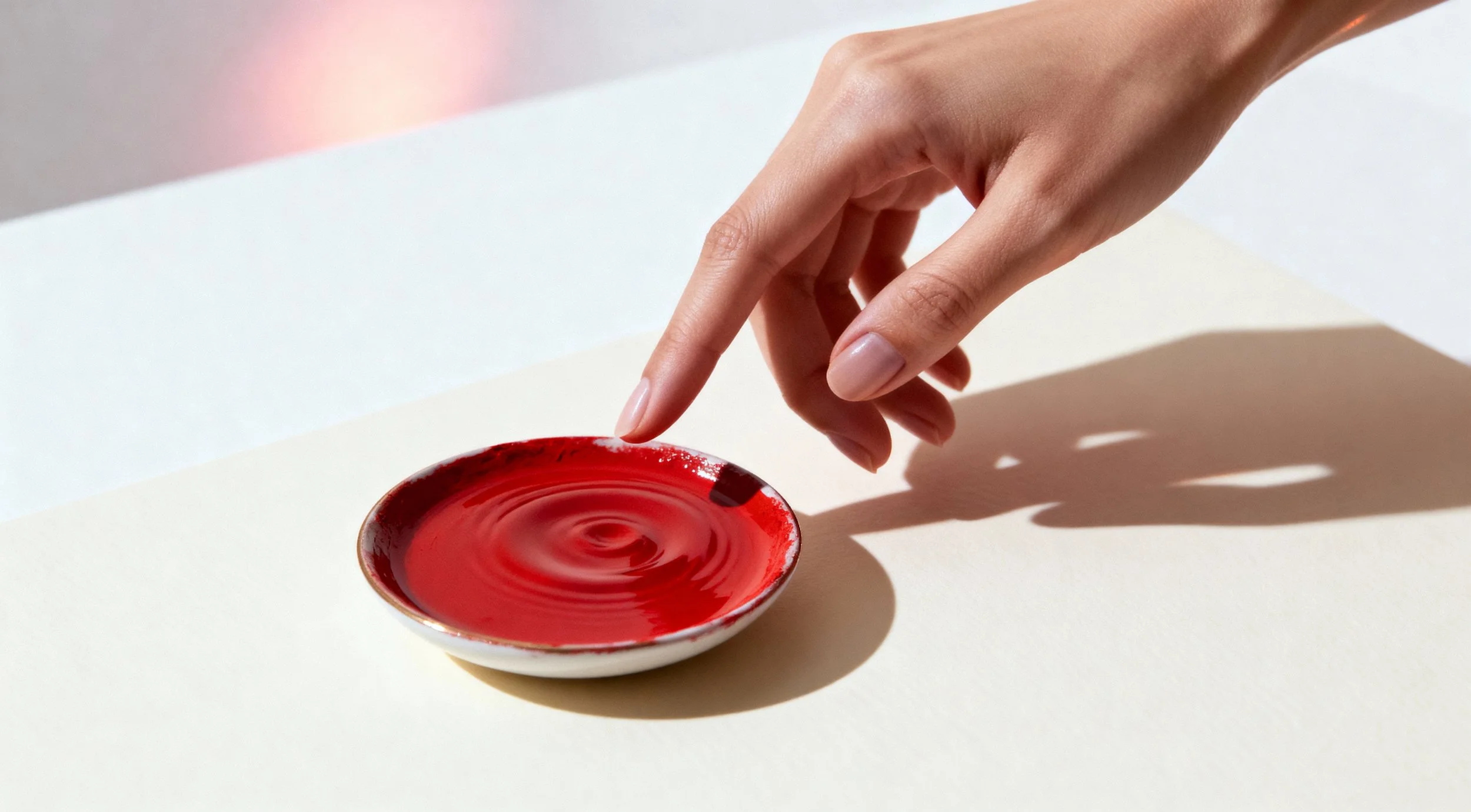A hand with neatly manicured nails reaches toward a small dish of red paint on a white surface, with the hand casting a shadow.