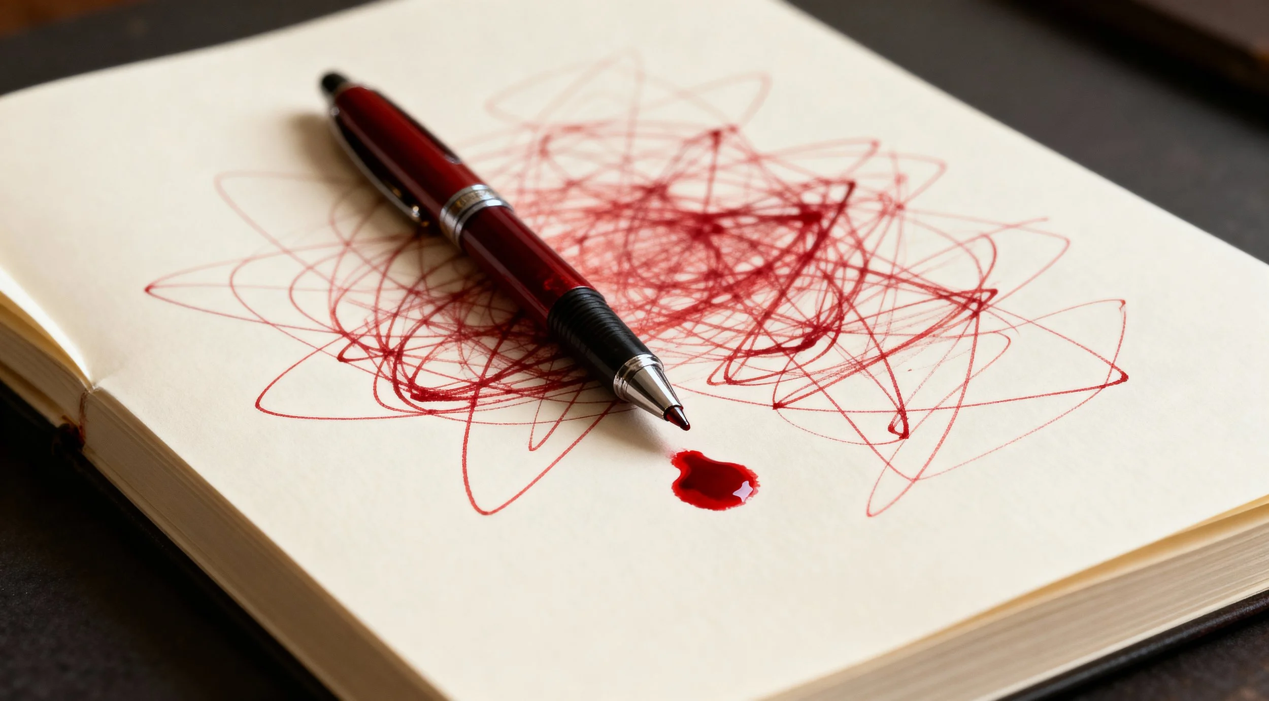 An open notebook with chaotic red scribbles on its pages, a red and black pen resting on the scribbles, and a small blood-like ink drop near the pen's tip.