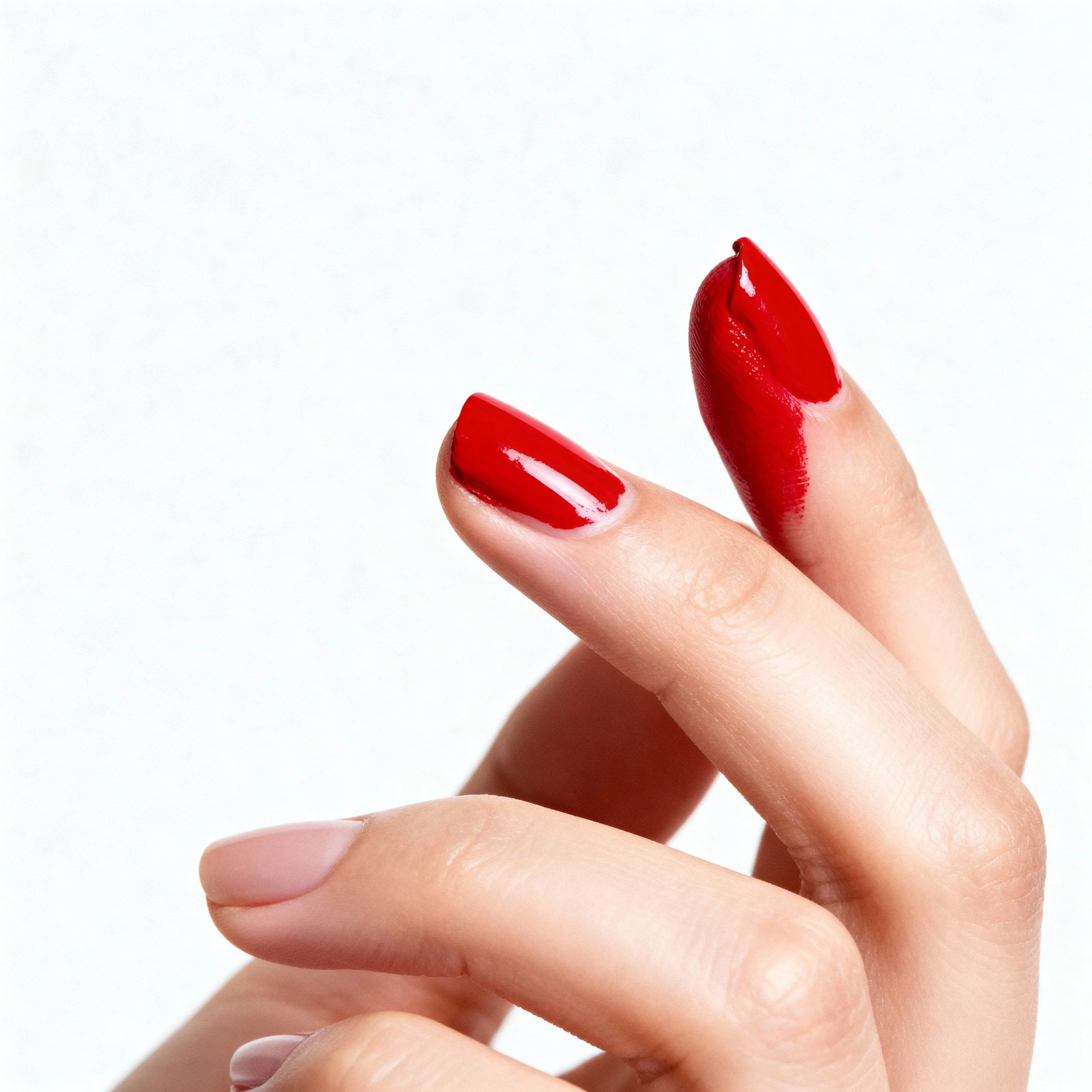 Close-up of a hand with fingers partially curled, showing nails painted with bright red nail polish, on a plain white background.