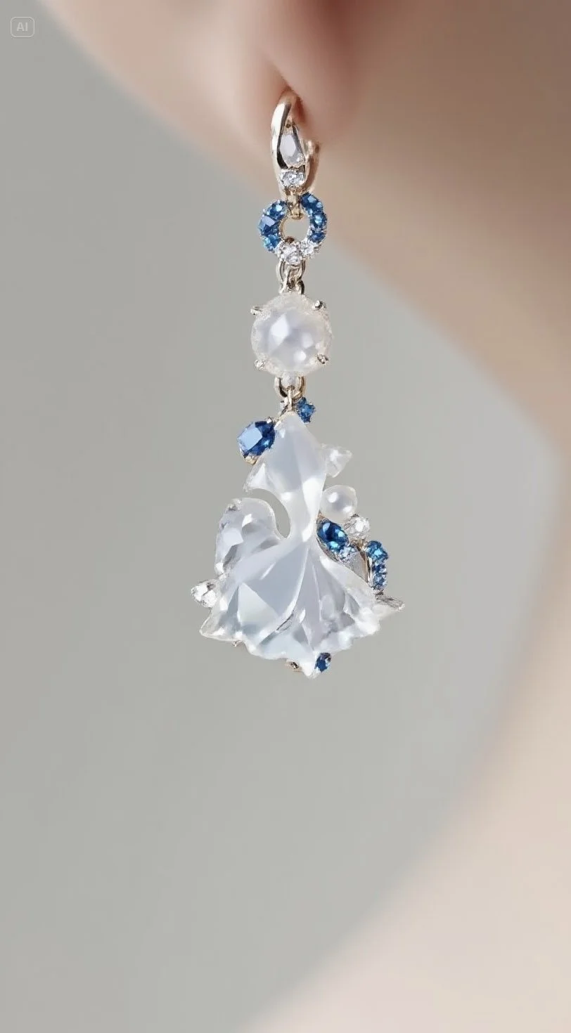 Close-up of a dangling earring with a butterfly-shaped pearl and blue and clear gemstones.