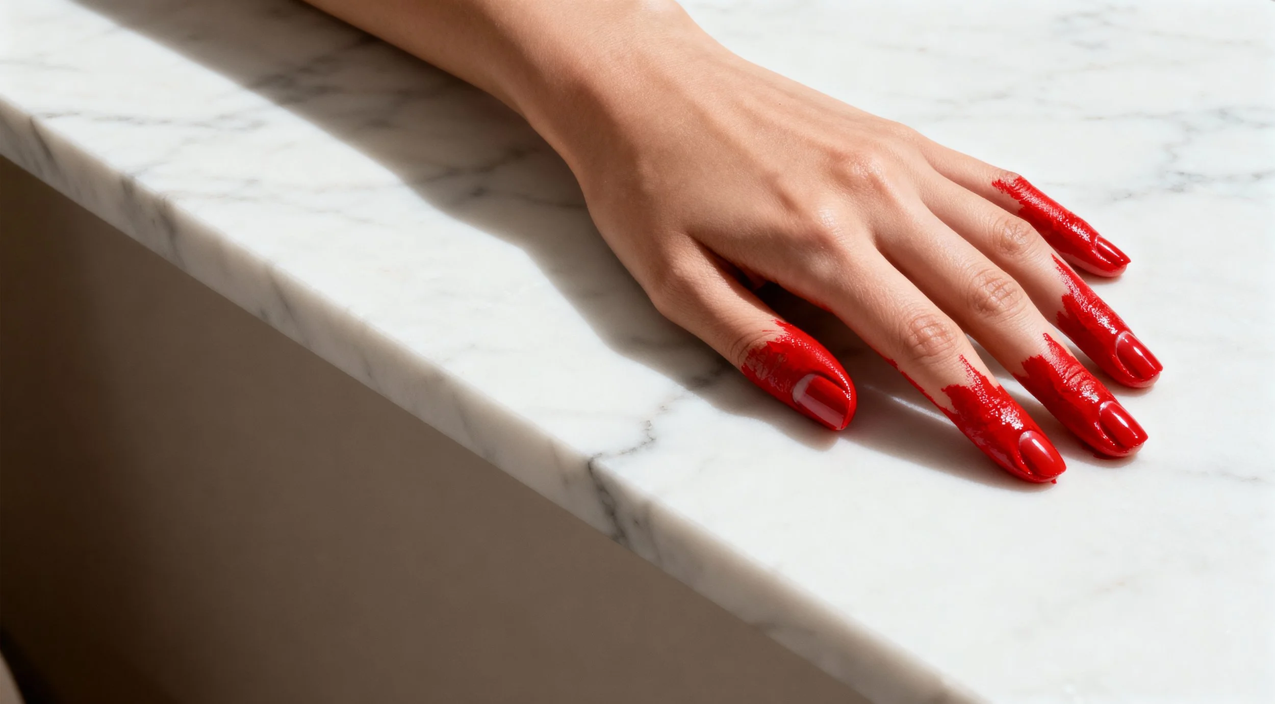 A hand with long red painted nails lying on a white marble surface, some red nail polish is smudged on the fingers.