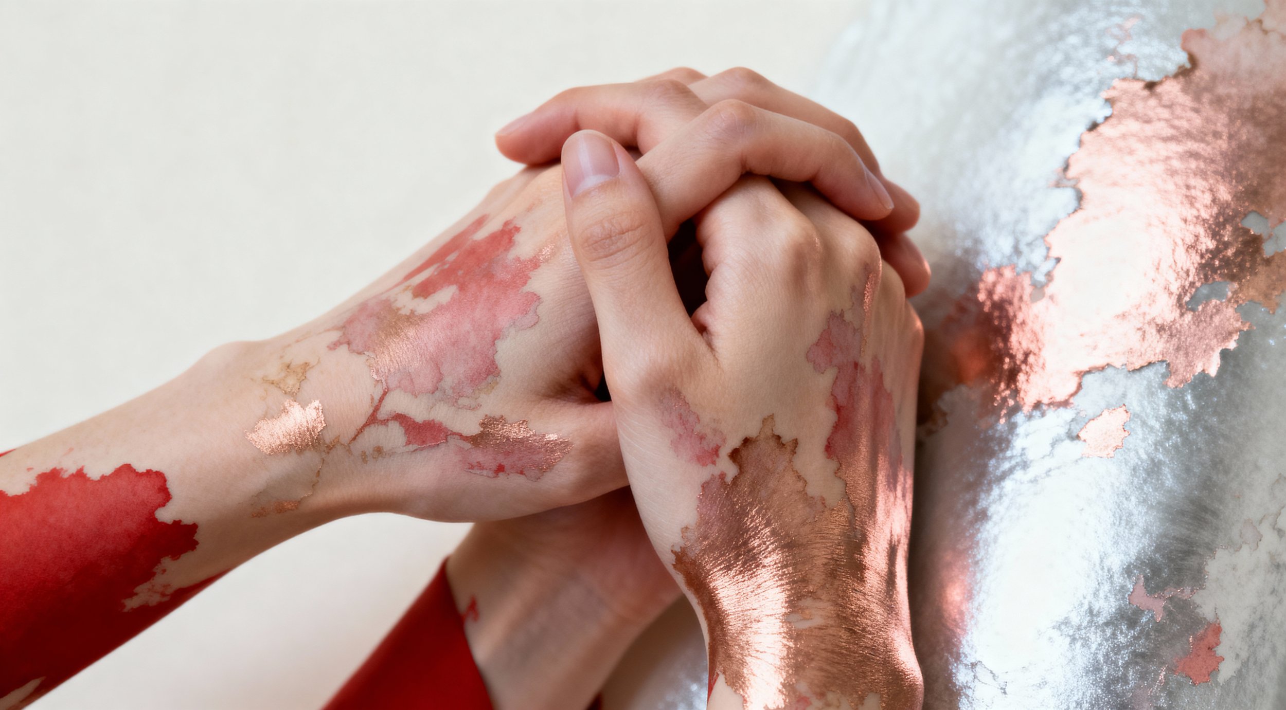 Two hands clasped together with metallic copper and copper-colored paint or foil on the skin, creating a textured, artistic effect.