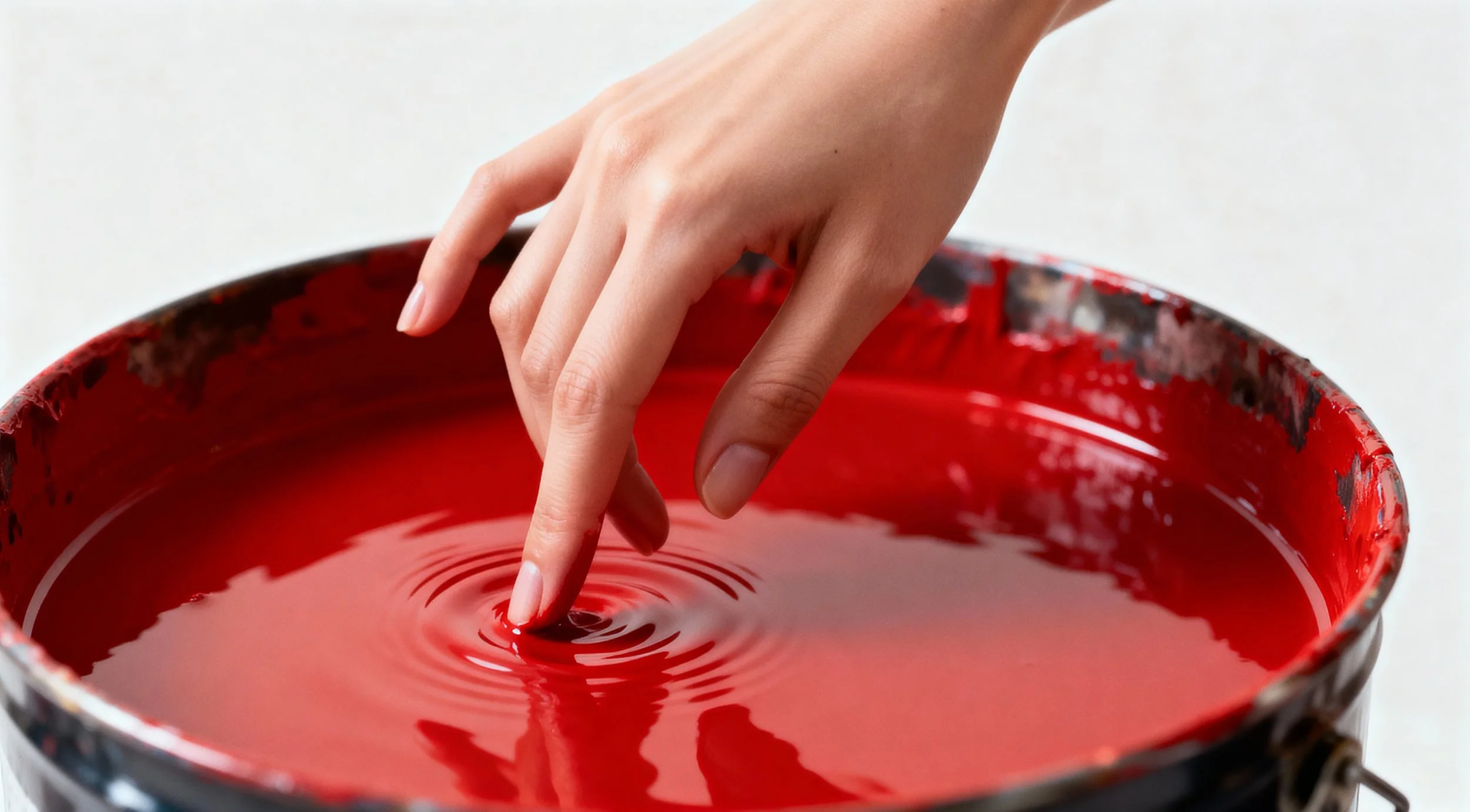 A hand dips a paintbrush into bright red paint inside a paint bucket.