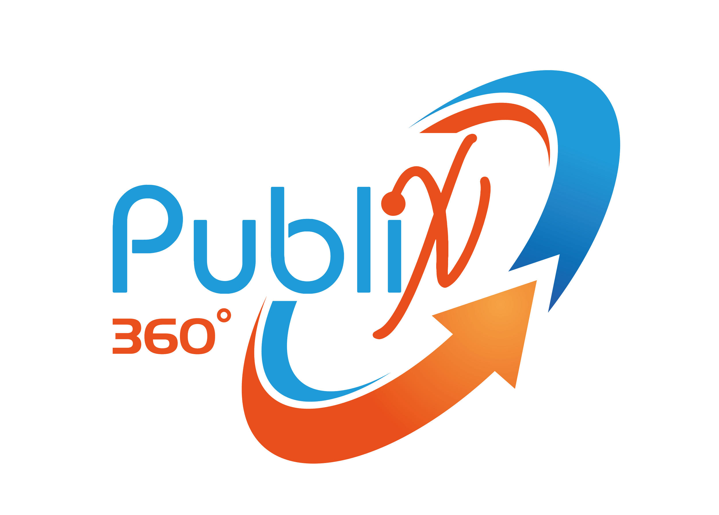 Logo avec le mot 'Public' écrit en bleu, une flèche orange pointant vers le haut et un graphique en courbe en rouge indiquant une croissance, avec la mention '360°' en rouge.