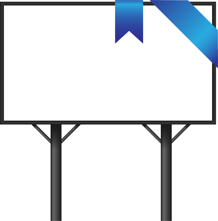Un panneau d'affichage numérique noir en plein air, avec des éléments en bleu dans le coin supérieur droit, fixé à deux supports noirs.