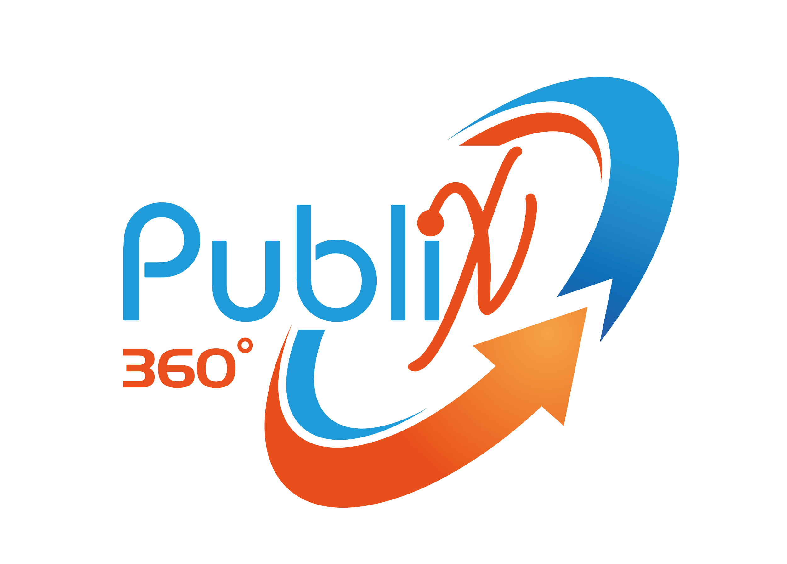 Logo illustrant le concept de publicité à 360°, avec un texte bleu 'Publi', un symbole de flèche orange en courbe, une flèche bleue en forme d'éclair, et une mention '360°' en rouge.
