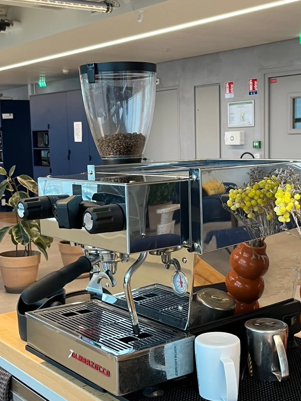Machine à café expresso en acier inoxydable avec moulins à grains en arrière-plan et décorations florales à côté.