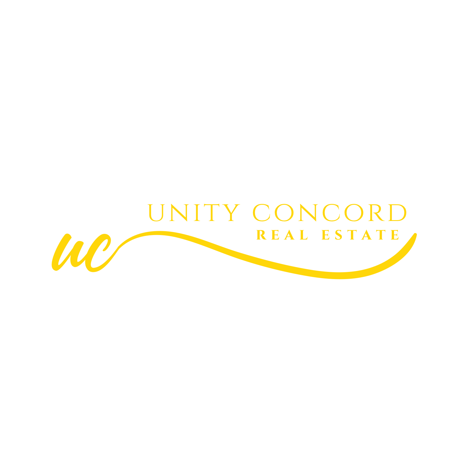 Logotipo de Unity Concord Real Estate con fondo negro, texto amarillo y elementos de diseño.