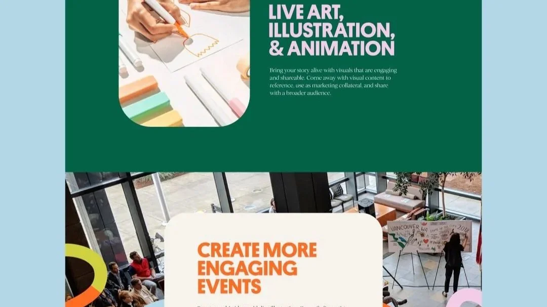 A promotional poster for an event or workshop about live art, illustration, and animation. The poster includes images of people drawing or working with art supplies and a group of people in a modern indoor setting with large windows.