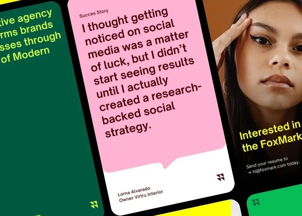 A collage of social media quote cards with a woman and text related to marketing strategies.