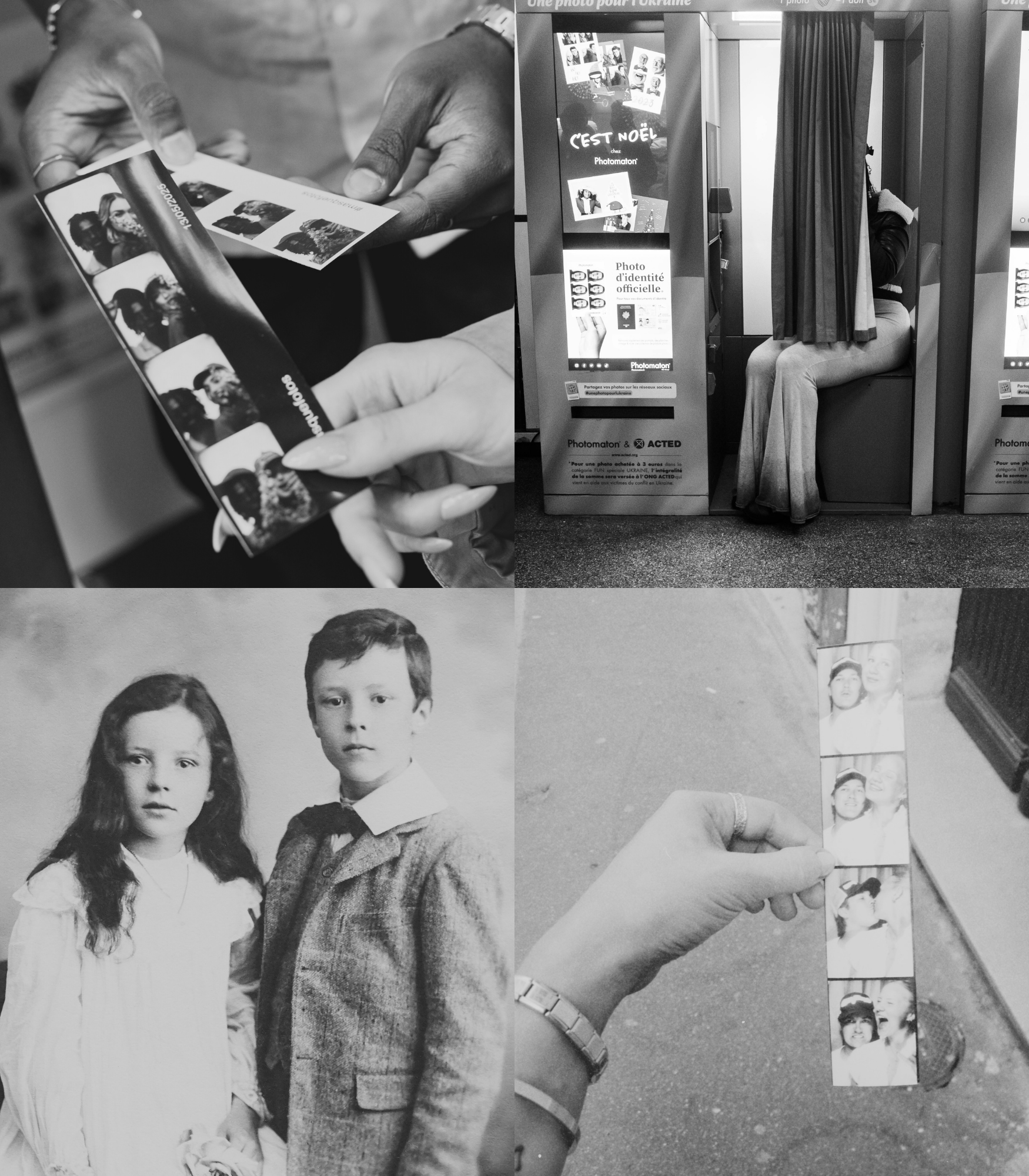 Neljä mustavalkoista valokuvaa ja kuvitteelliset hetket. Ylempi vasemmalla kuvassa käsi näyttää kuvia, oikealla kuva pukuhuoneesta tai teatterista. Alhaalla vasemmalla pari lapsia, tyttö ja poika, vanhojen valokuvien tyyli. Alhaalla oikealla käsi pitää valokuvaliuskaa katsoen sitä, tausta kivi- ja metallipinnoilla.