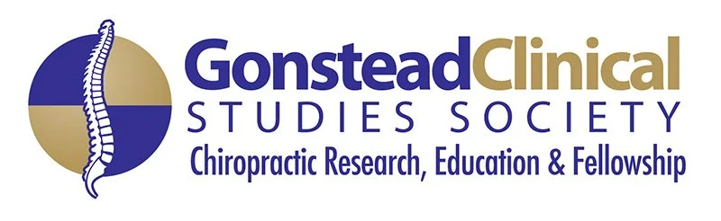 Logo for Gonstead Clinical Studies Society featuring a stylized spine and text about chiropractic research and education.