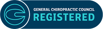 Logo of the General Chiropractic Council with the word REGISTERED in blue