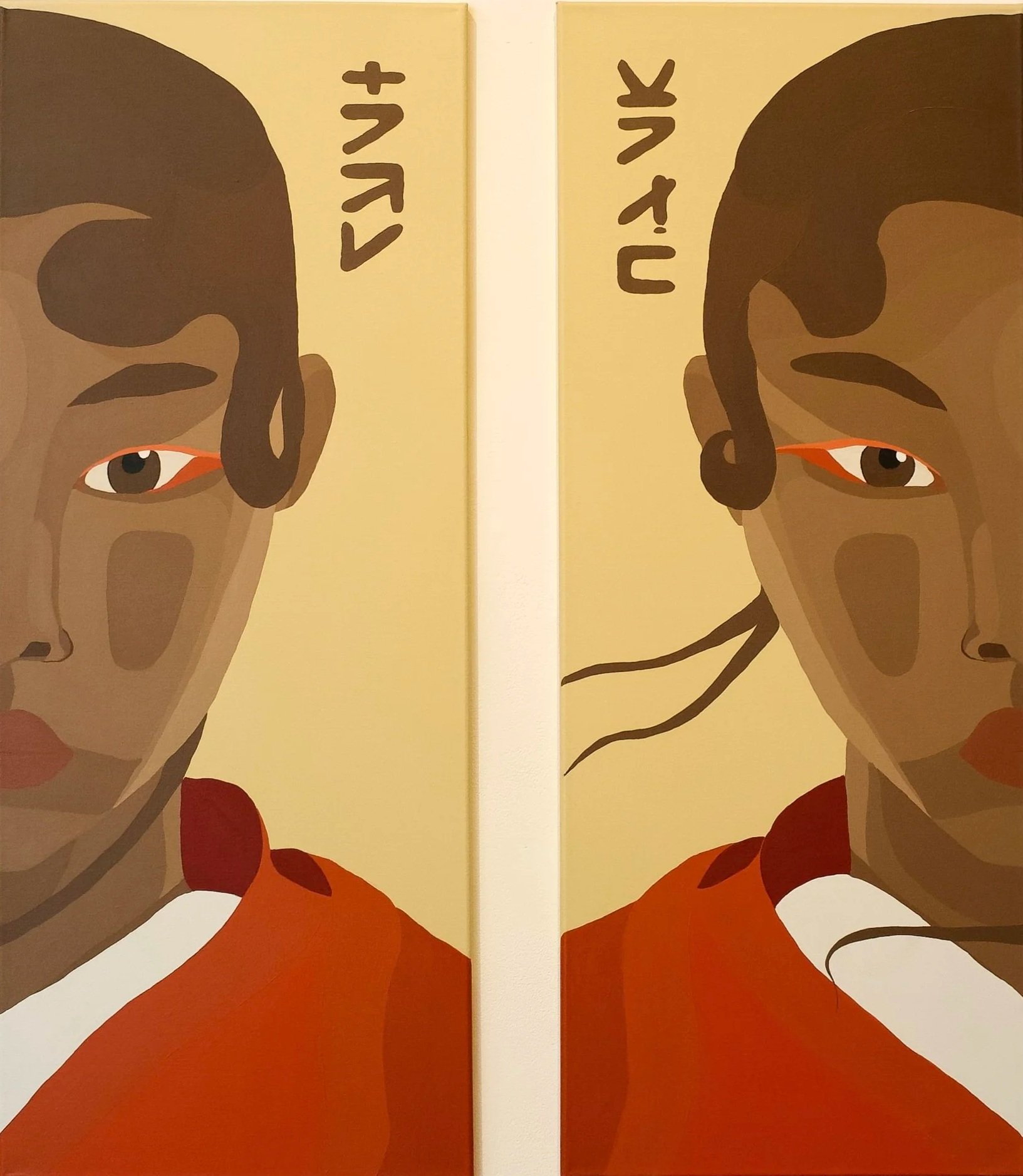 Diptyque acrylique : deux demi-visages masculins se faisant face, regards intenses aux yeux rouges, vêtements orange vif — Kobena, série Kaze, 2026