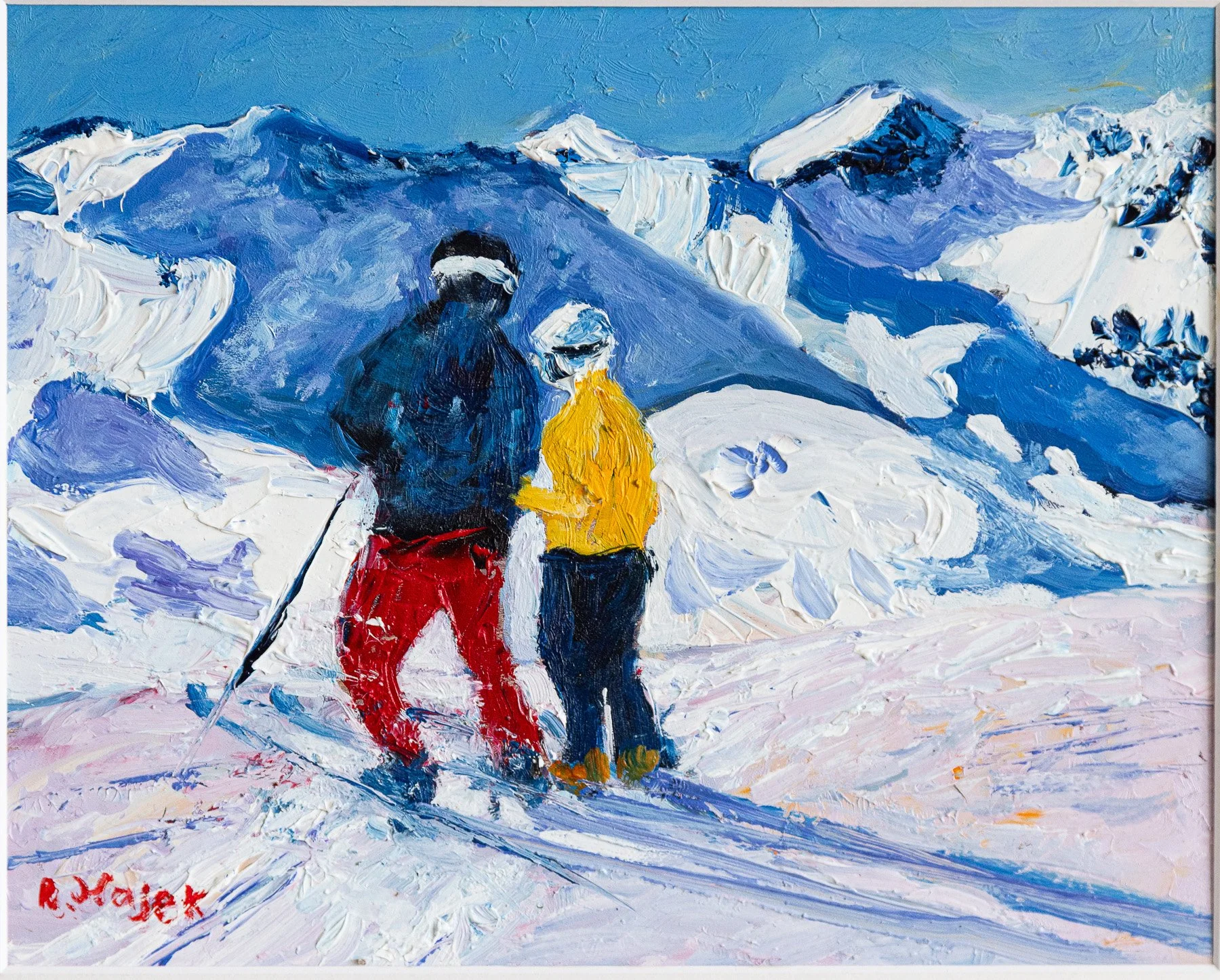 Ölgemälde "Paar auf Skihügel in den österreichischen Alpen"